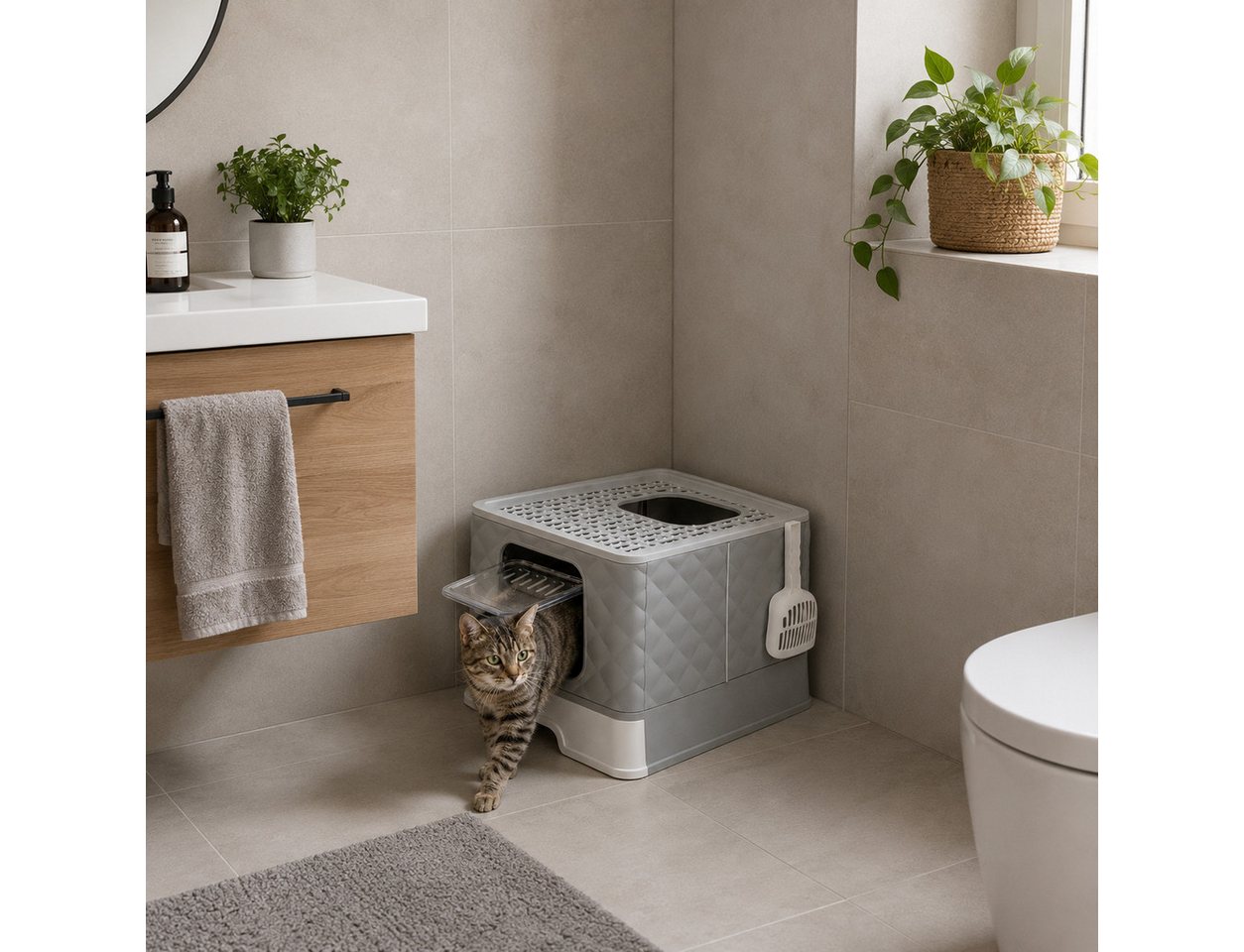 belviona Katzentoilette, auslaufsicher & hygienisch, mit Schublade & Streufanggitter, Faltbares Katzenklo, hellgrau