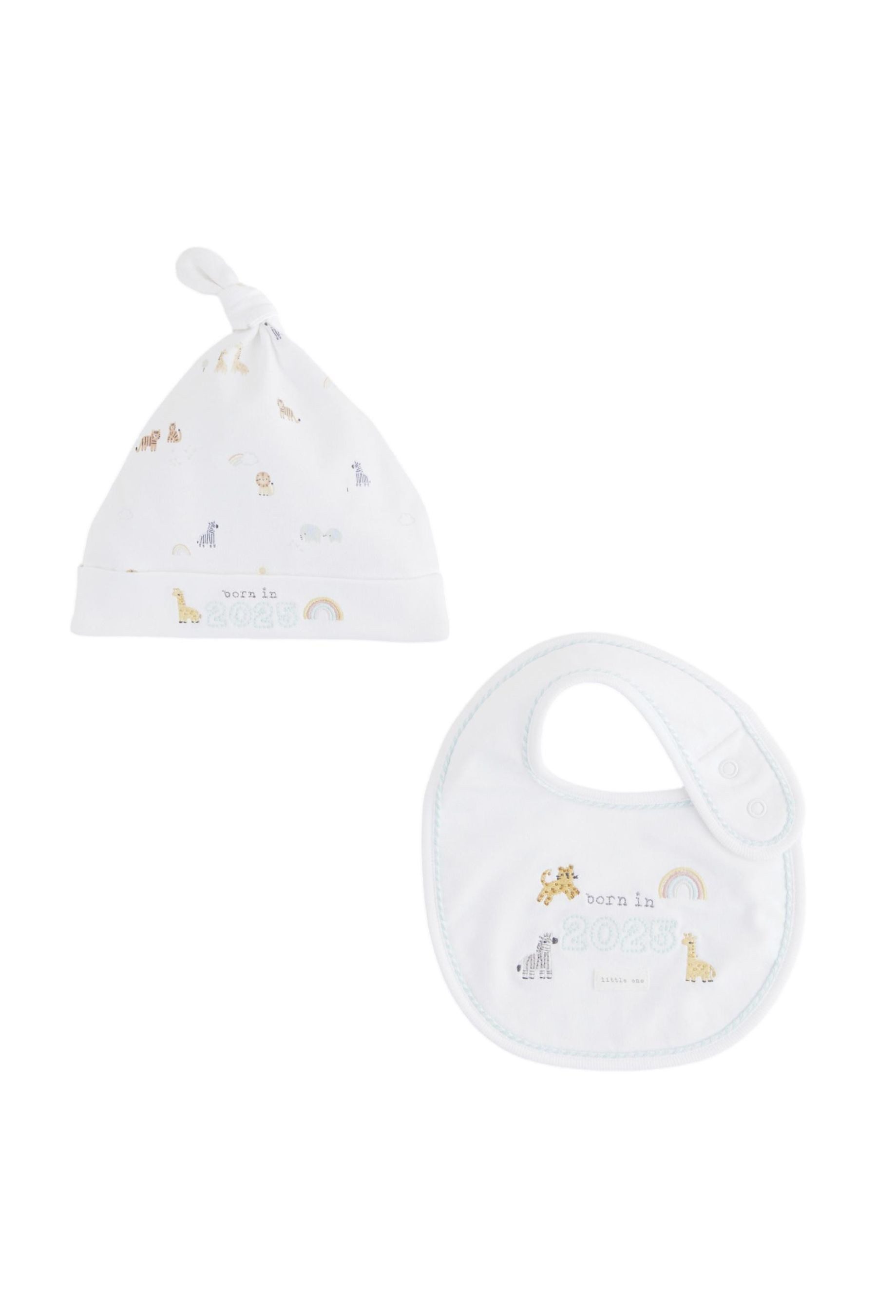 Erstlingsmütze „Born in 2025“ Mütze und Lätzchen im Babyset