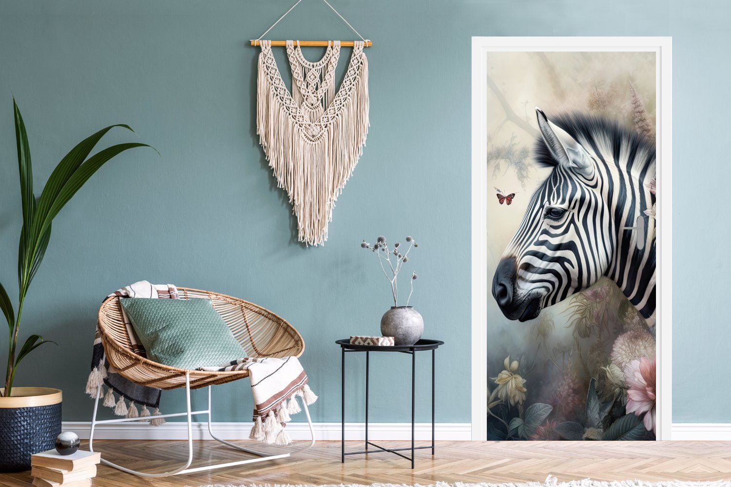 Wilde - für Türtapete Zebra St), (1 MuchoWow - Tür, - 75x205 Fototapete bedruckt, cm Türaufkleber, Matt, Blumen, Tiere Schmetterling