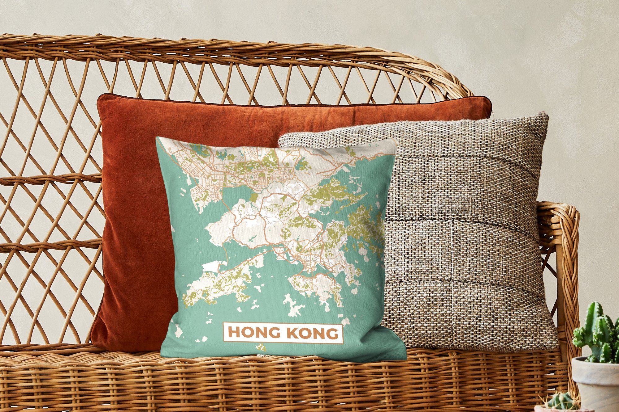 - mit für Deko, Hongkong Stadtplan - Karte, MuchoWow Vintage Zierkissen - Füllung Dekokissen Wohzimmer, Schlafzimmer, - Karte Sofakissen