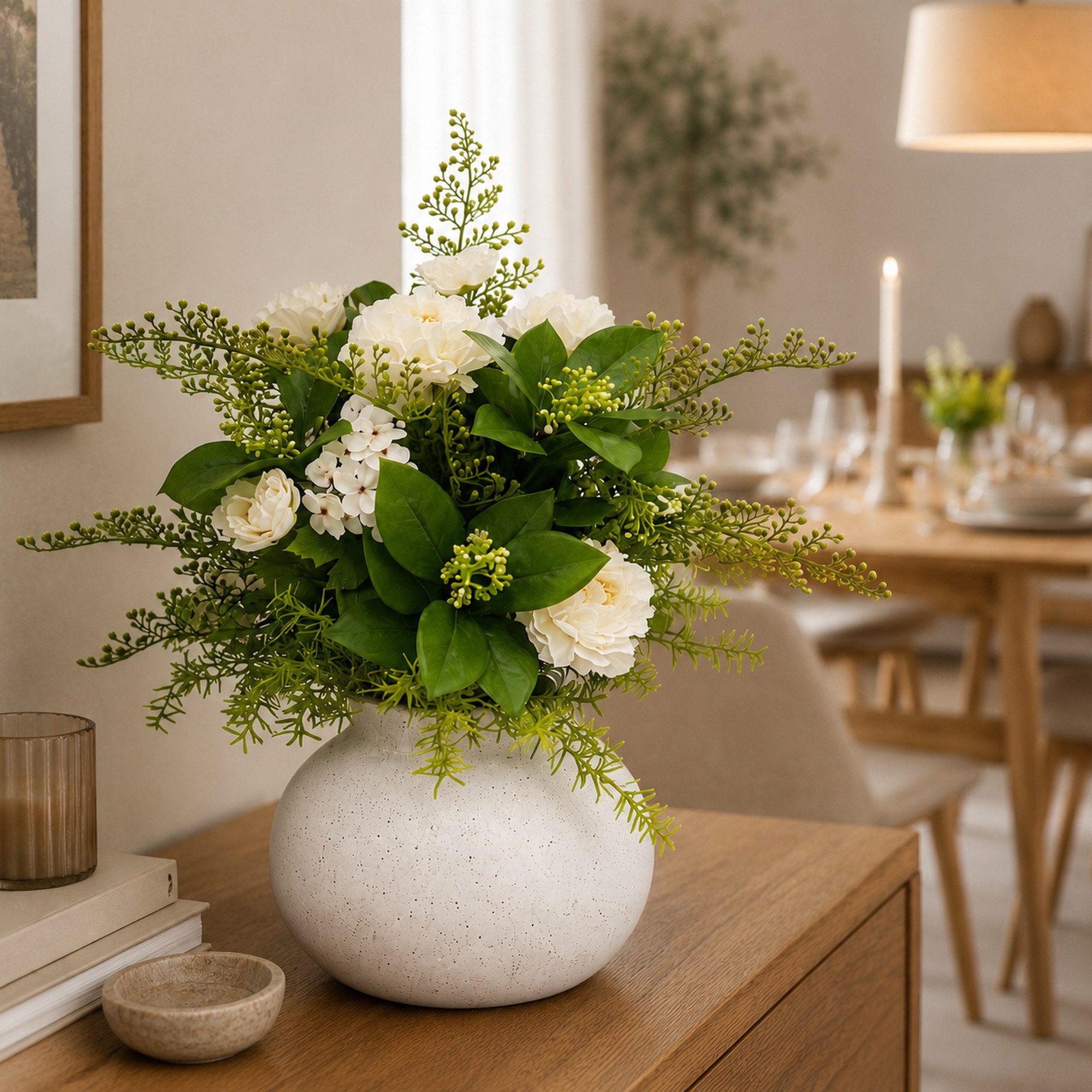 Kunstpflanze Blumengesteck Kunstblume weiß mit Vase künstlich, UNUS HOME, Höhe 63 cm, Kunstblume, Kunstpflanze, weiß – Bild 4 von 5