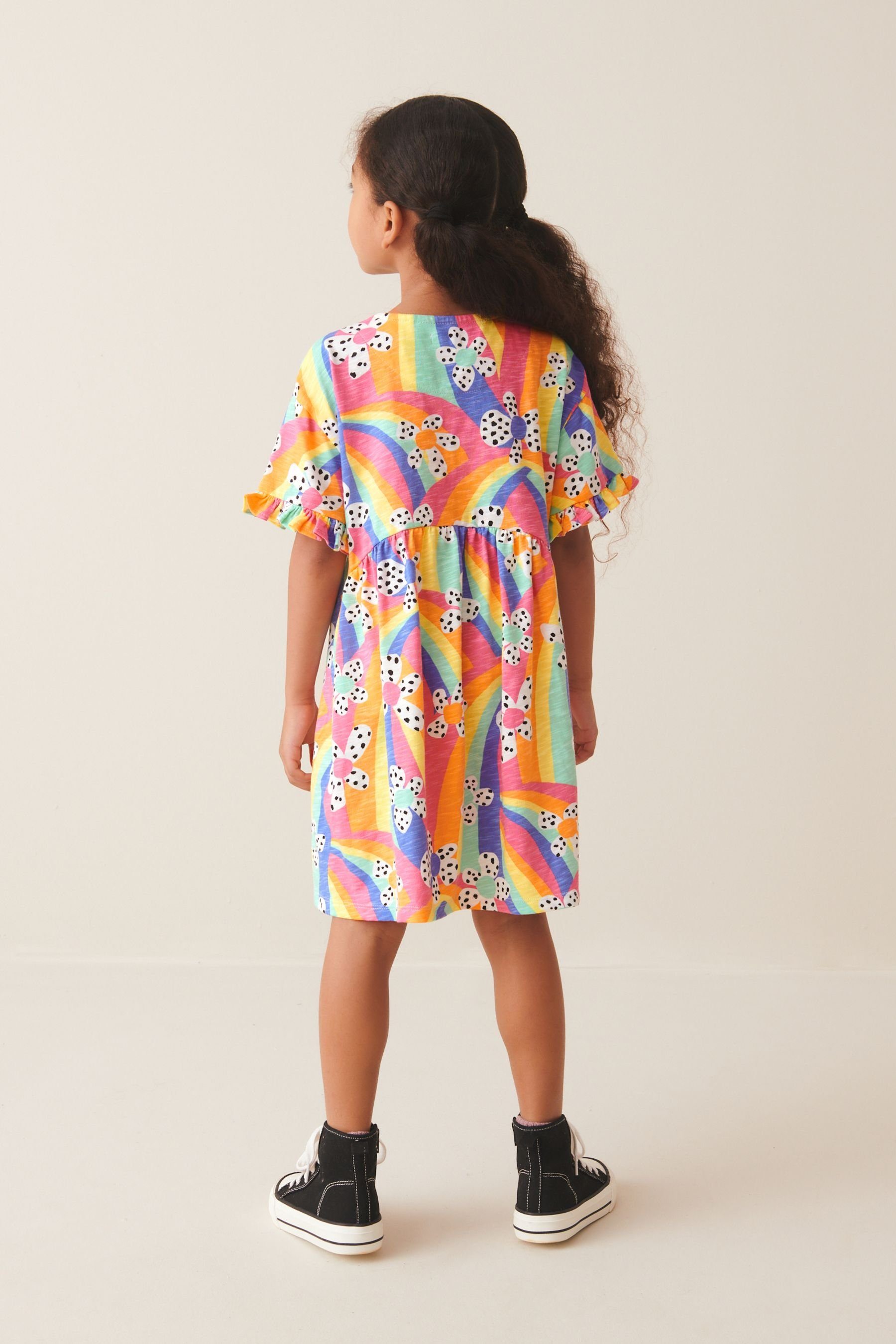 Next Pink/Blue/Green Kurzärmliges Jersey-Kleid (1-tlg) Print Flower Rainbow Jerseykleid