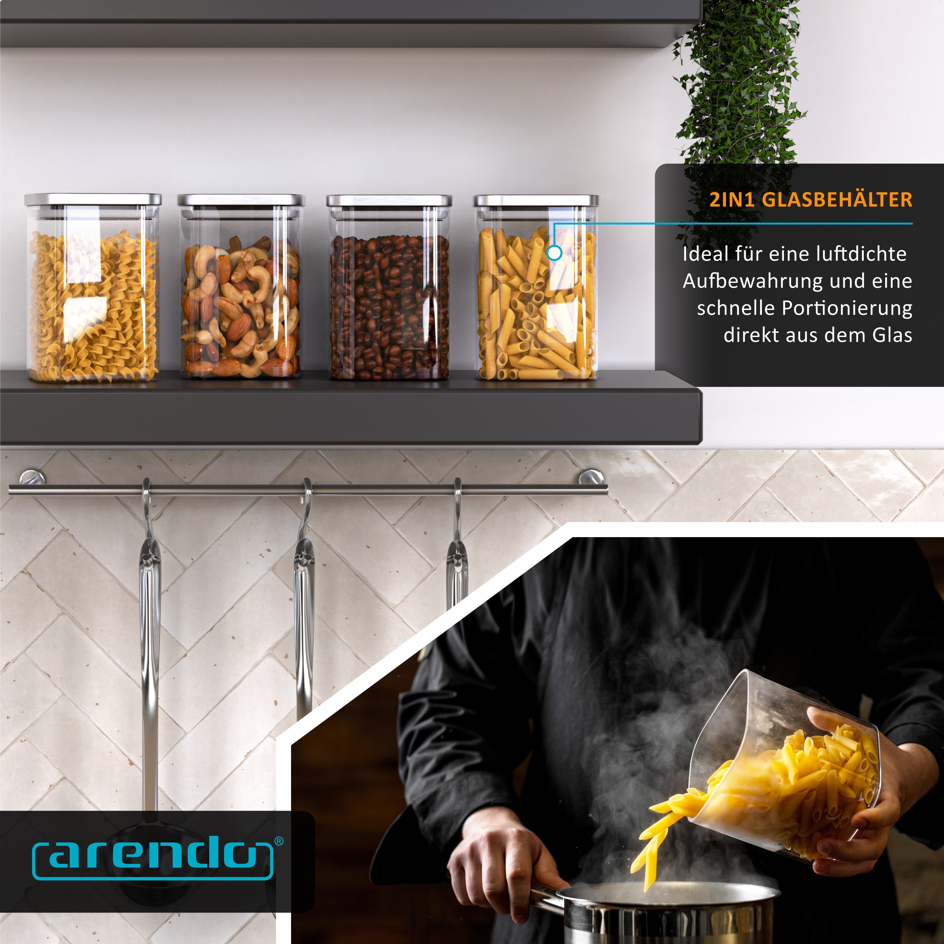 Arendo Aufbewahrungsbecher Glasbehälter-Set 8x 1,2 L Borosilikat quadratisch mit Edelstahldeckel, Borosilikatglas, Edelstahl, Silikon, (Vorratsbehälter-Set, 8-t – Bild 5 von 5
