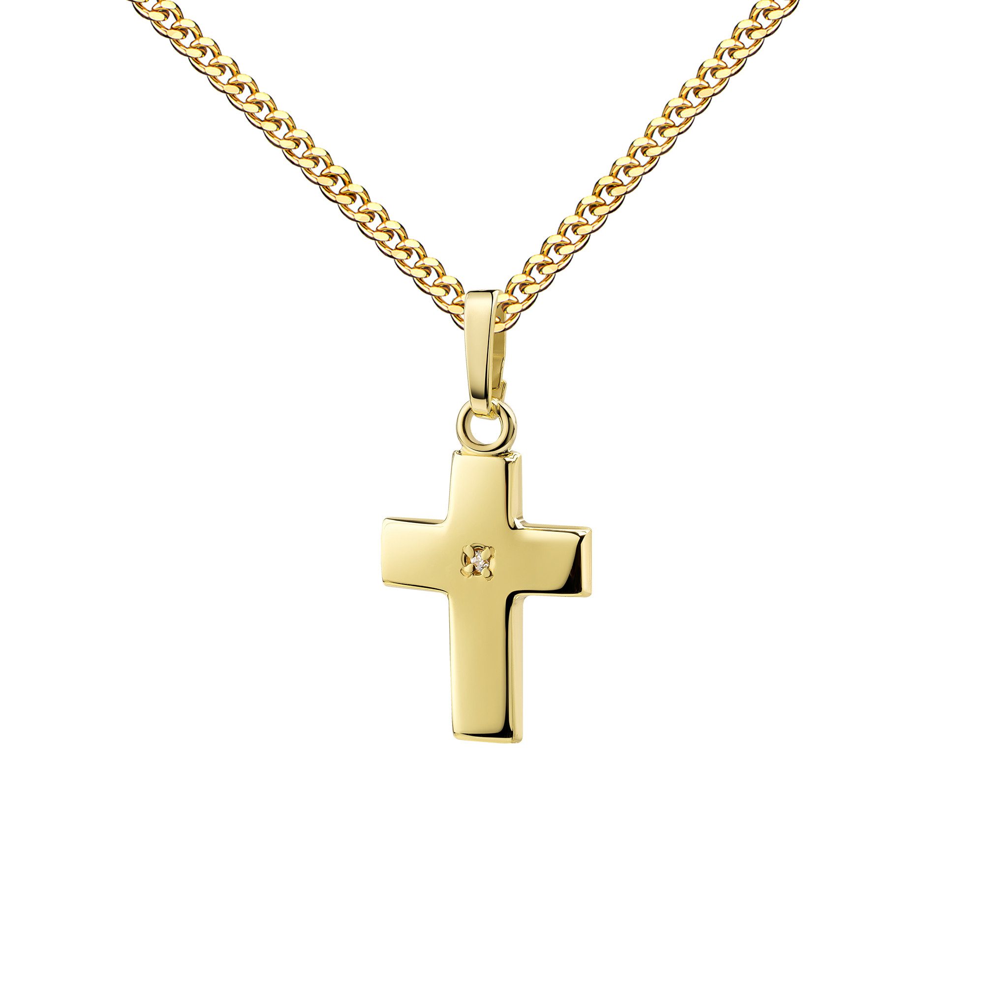 JEVELION Kreuzkette kleiner Kreuzanhänger 333 Gold + Zirkonia - Made in Germany (Goldkreuz, für Damen und Kinder), Mit Kette vergoldet- Länge wählbar 36 - 70 cm oder ohne Kette.