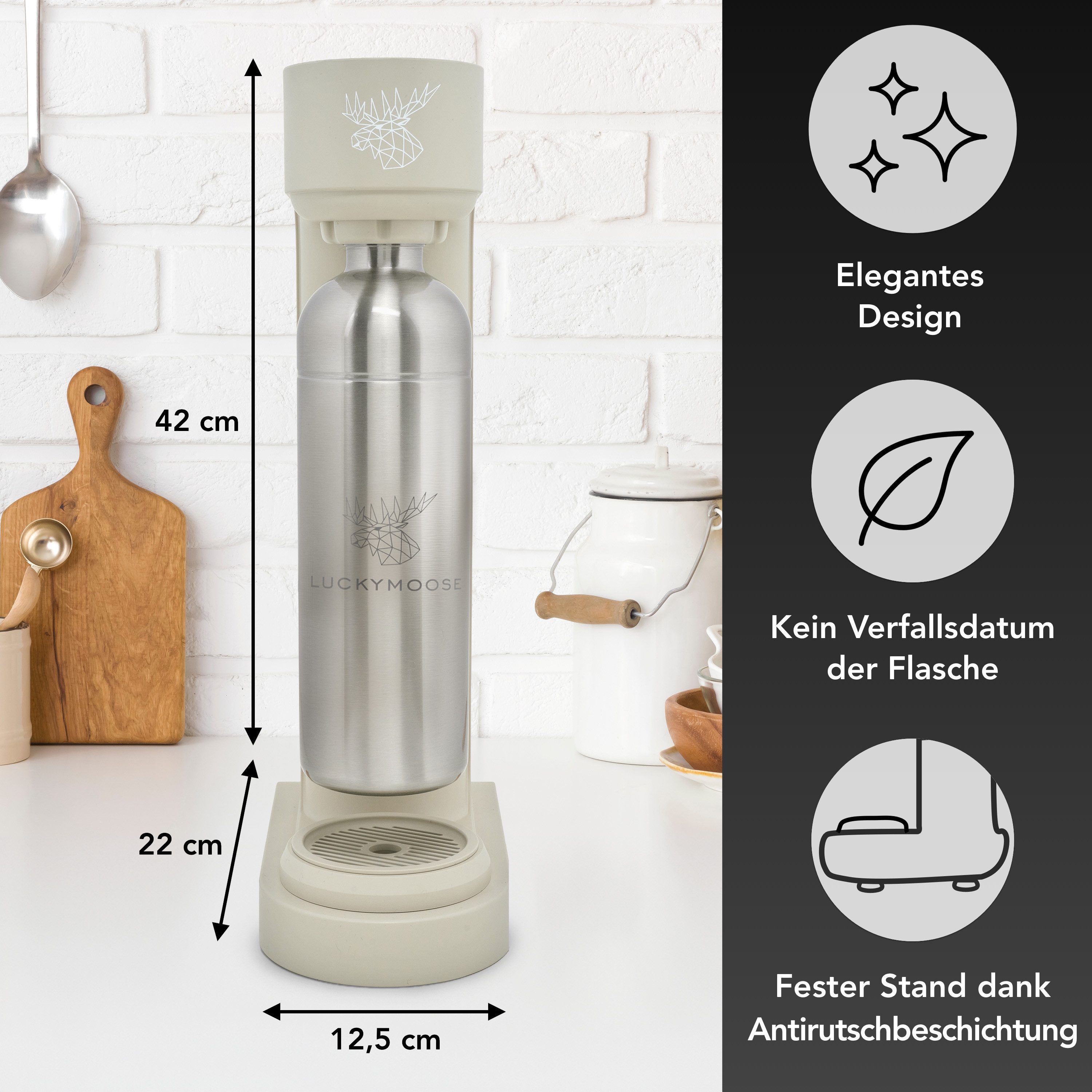 Luckymoose Wassersprudler Infinity mit 2x 1,25L spülmaschinenfesten Edelstahlflaschen, (2x Silber-tlg), Spart bis zu 25% CO2, Flaschen spülmaschinenfest & ohne Ablaufdatum