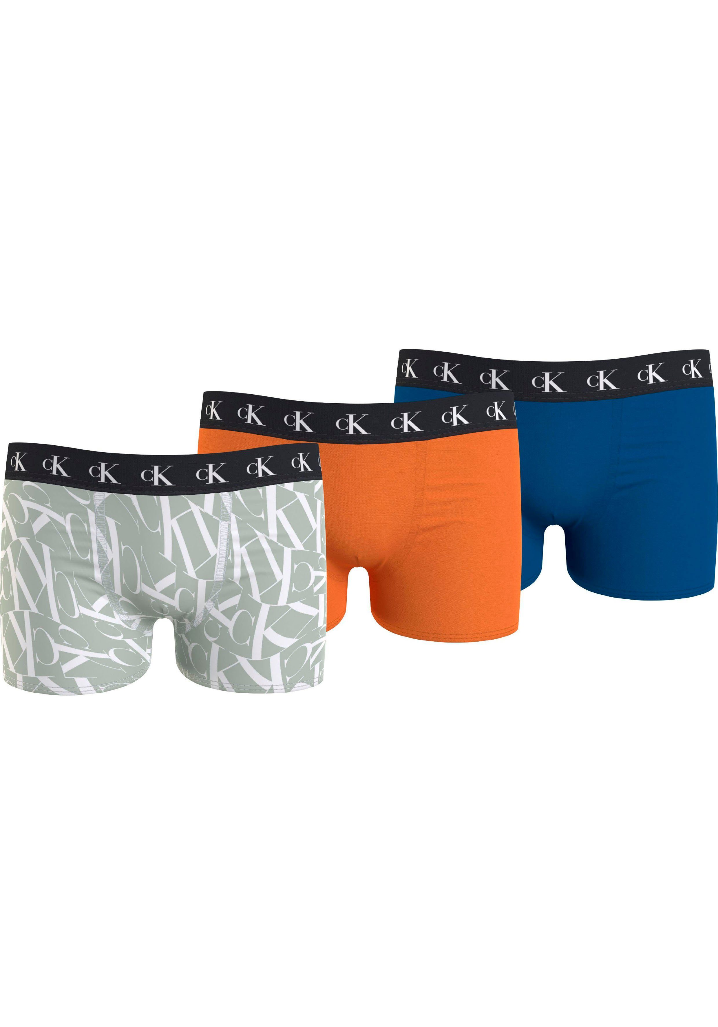 Warpedprint/Vibrantorange/Tarpsblue 3er-Pack) (Packung, Calvin Slip Markenlabel Underwear Bund TRUNK Calvin Klein am mit 3PK Klein