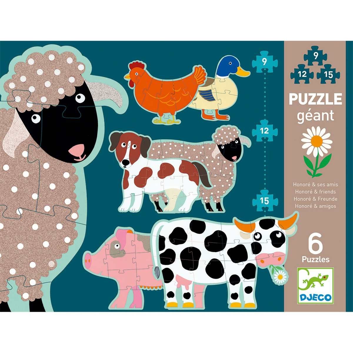 DJECO Puzzle Bauernhoftiere - 9,12,15 Teile Bodenpuzzle für Kinder, 15 Puzzleteile, Bodenpuzzle