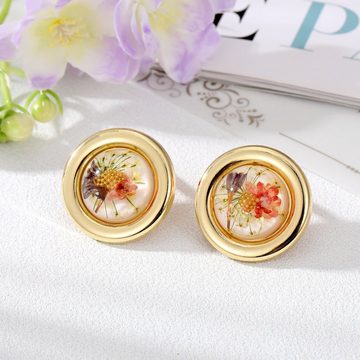 GOLDEN Paar Ohrstecker Echte Getrocknete Blume Ohrringe, vergoldet Kreis Quadrat Ohrstecker