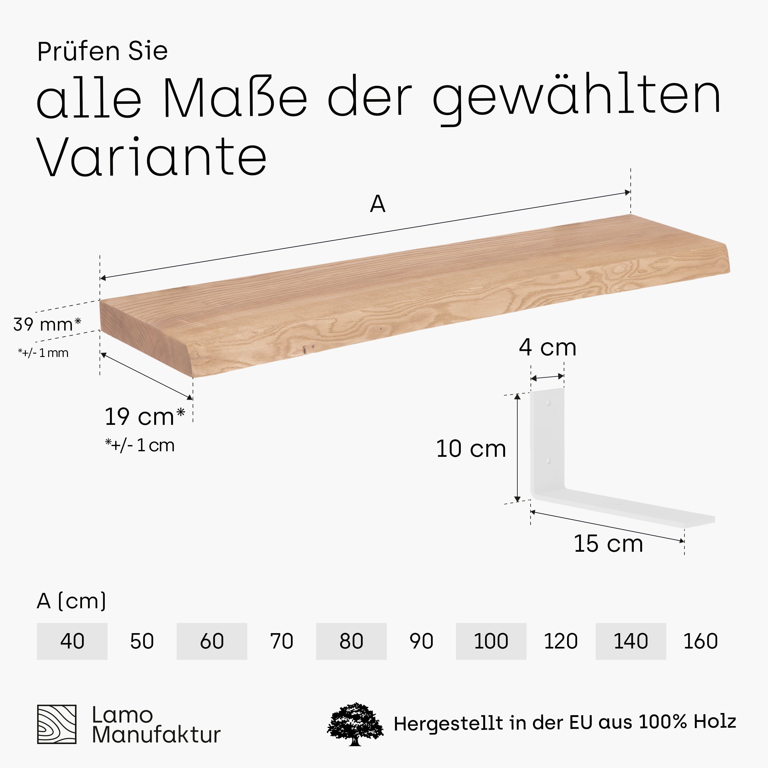LAMO Massivholzplatte 40mm stake Komplett-Set, Roh Manufaktur Wandregal Basic,