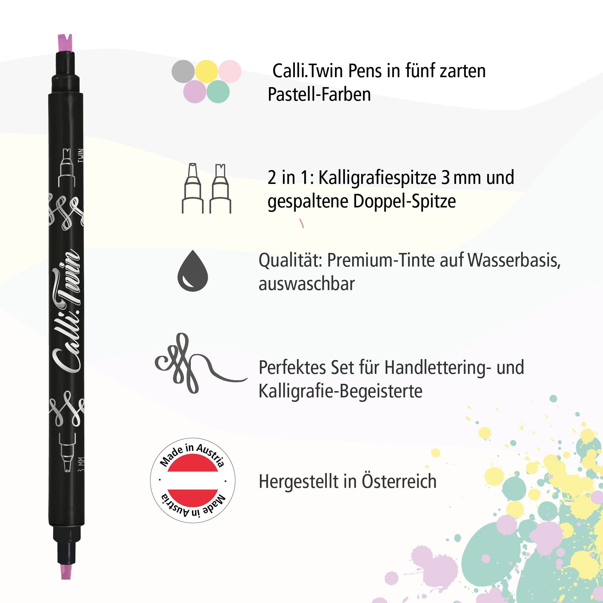 5x Pens, Handlettering Set, verschiedene Online Spitzen bunte Stifte Pastel Pen Brush Fineliner Calli.Twin,