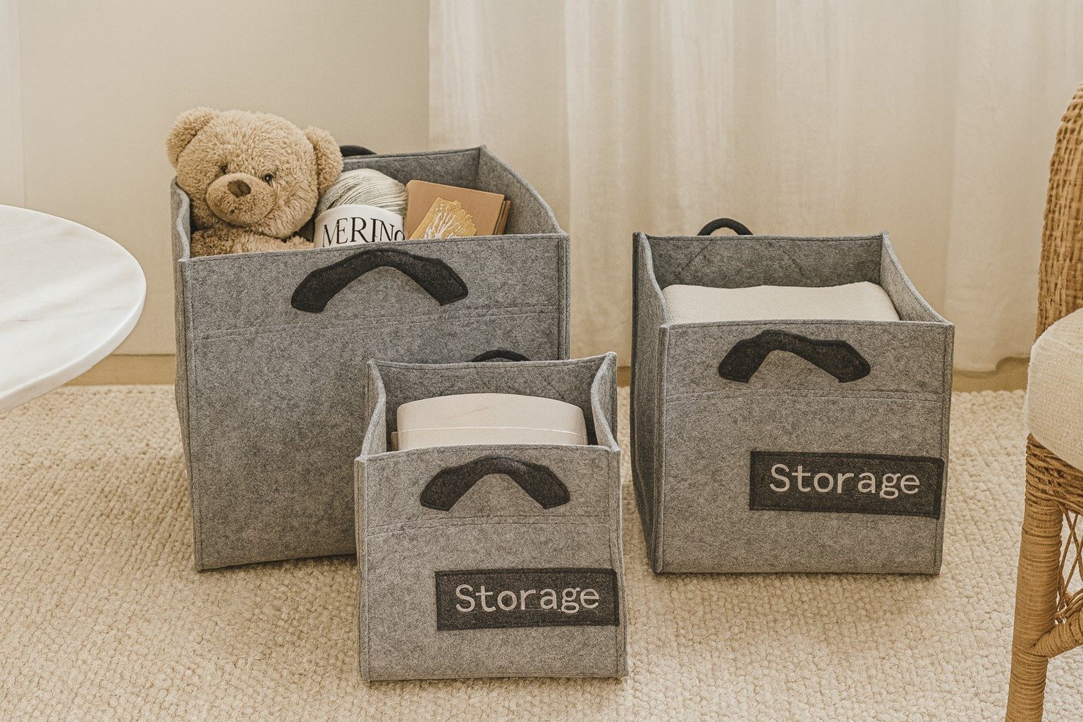 moebel-direkt-online Aufbewahrungskorb 3tlg. Korbset, Taschenset (Spar-Set, 3tlg. Set), Schriftzug "STORAGE", Filz, 2 Tragegriffe