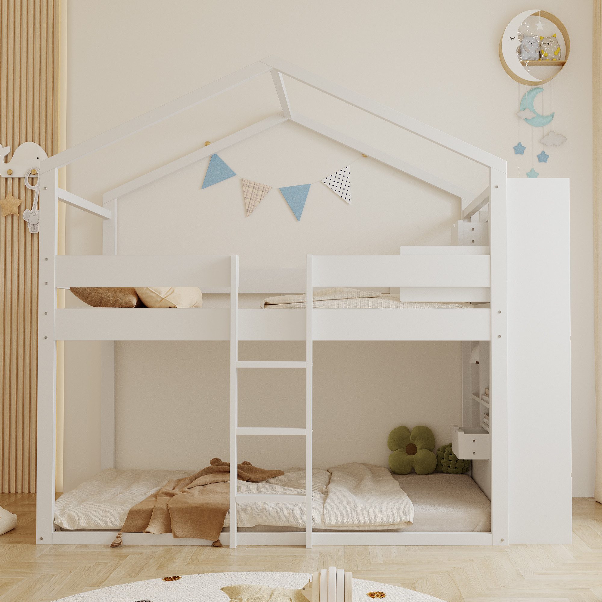 Merax Hochbett 90×200cm aus Kiefernholz (Etagenbett Jugendbett Stockbett, 1-St) Kinderbett mit Staufächern, Leitern, Sicherheitsgeländern und Dach