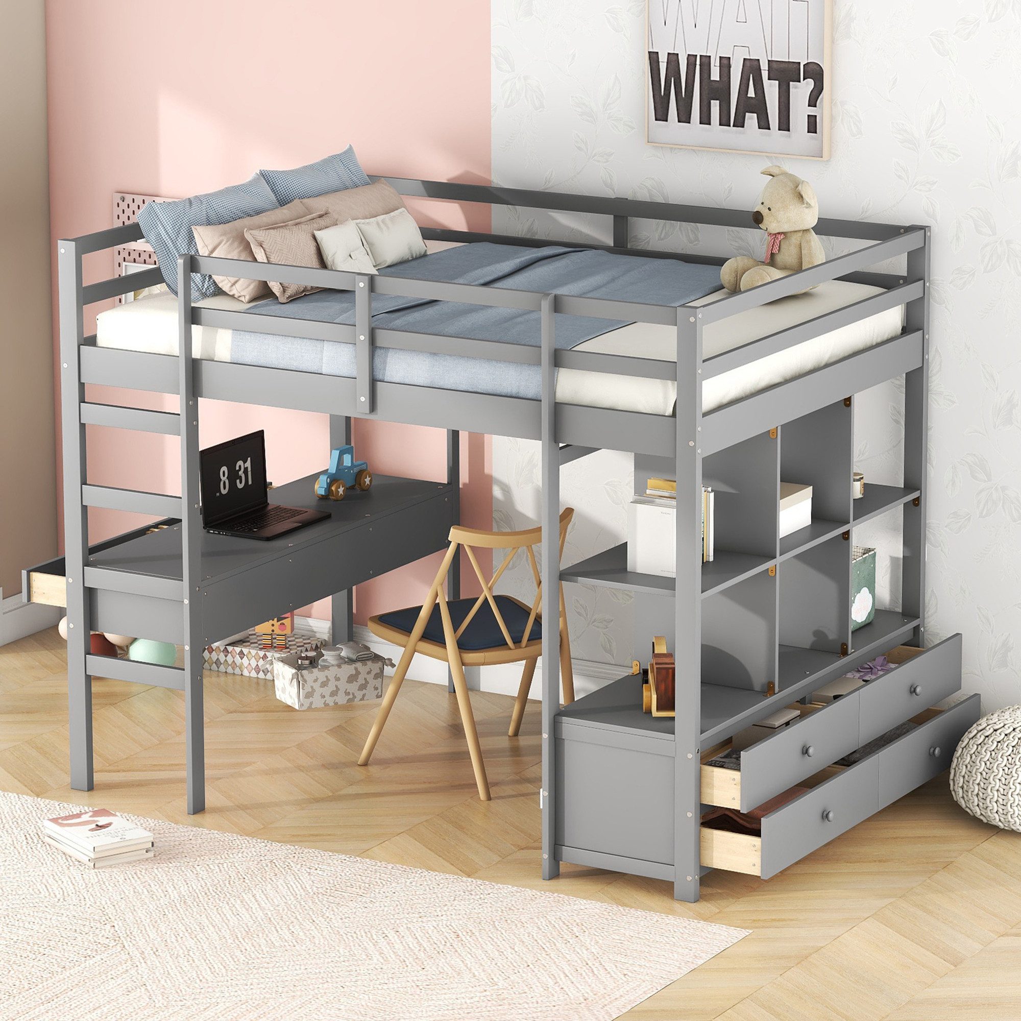 Flieks Hochbett Kiefer Kinderbett mit Schreibtisch & Stauraumregal 140x200c günstig online kaufen