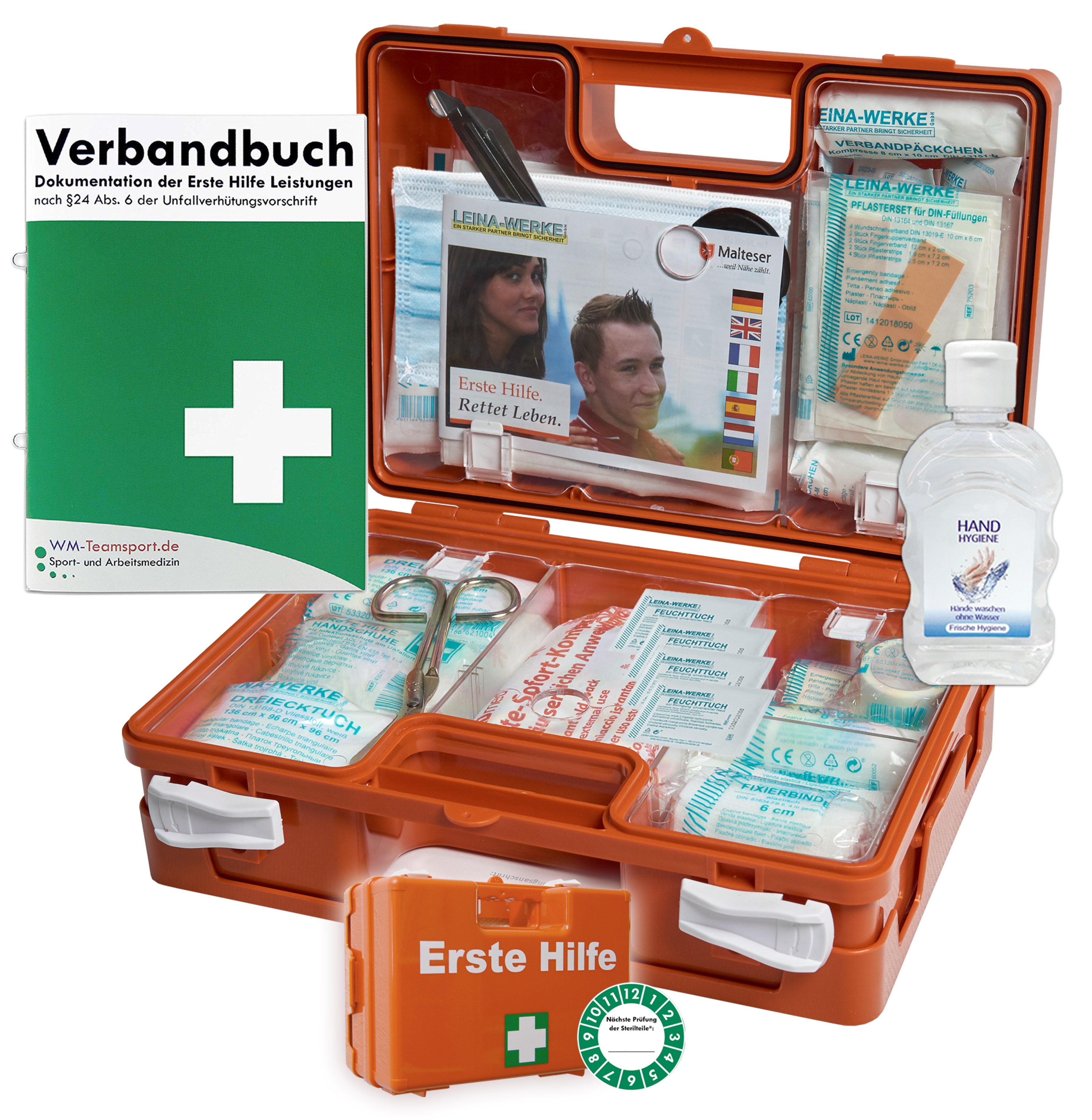 WM-Teamsport Erste-Hilfe-Koffer Erste-Hilfe-Koffer safeAID – DIN 13157 + Hand-Hygiene-Gel