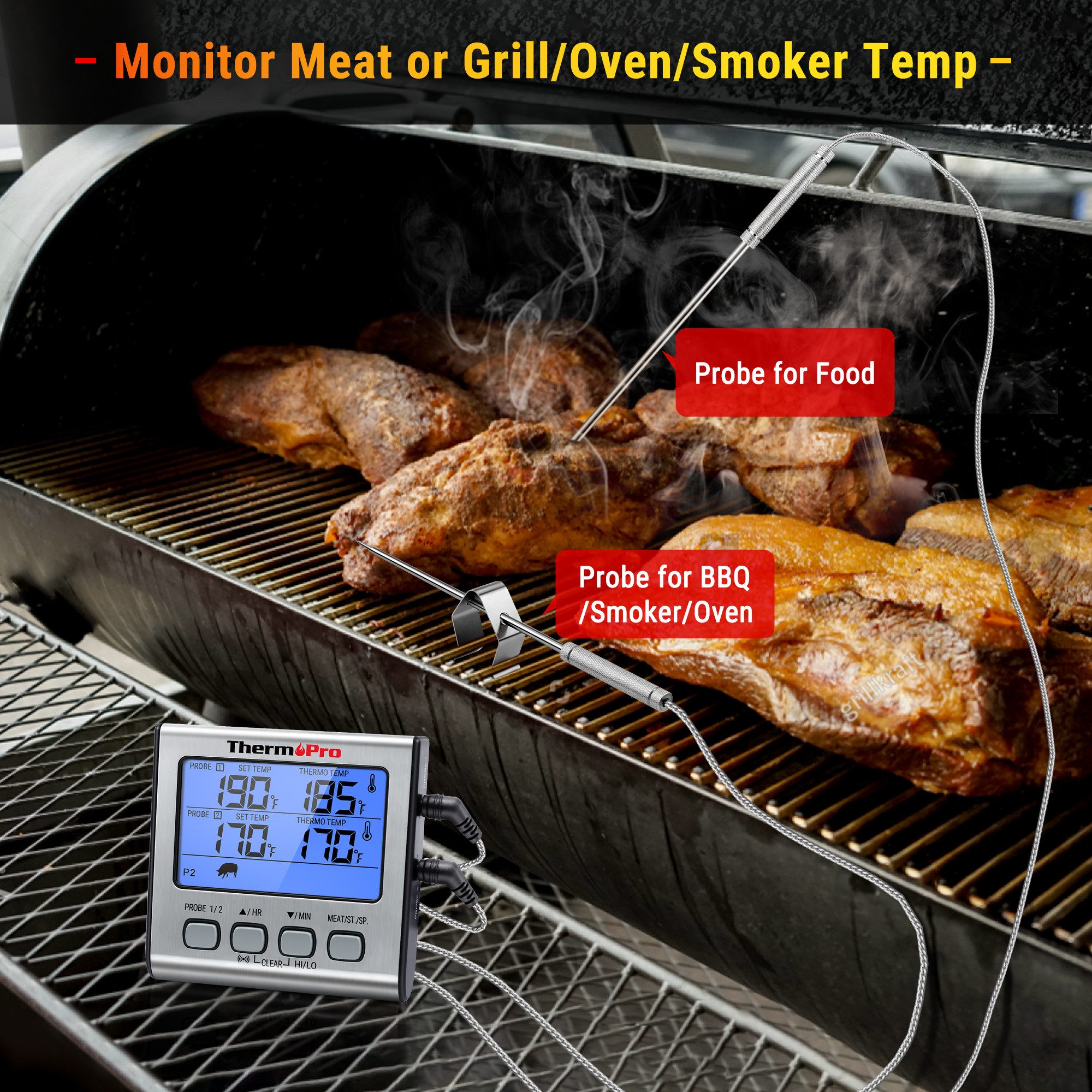 ThermoPro Grillthermometer TP17, Grillthermometer mit 2 Sonden, Alarm, bis 300 °C, LCD-Beleuchtung