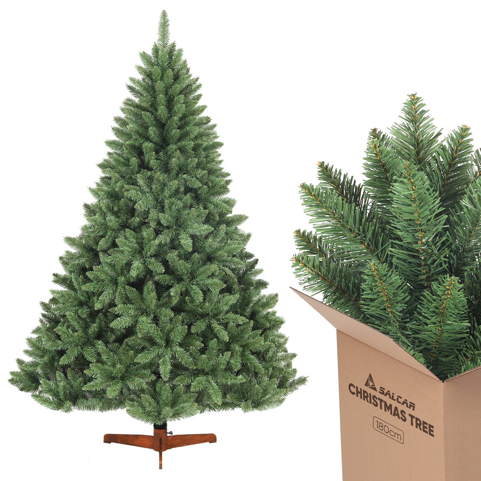 Salcar Künstlicher Weihnachtsbaum Künstlicher Tannenbaum mit natürlichen Zweigfarben und Echtholzständer, Nordmanntanne, 180 cm mit 730 Zweigen