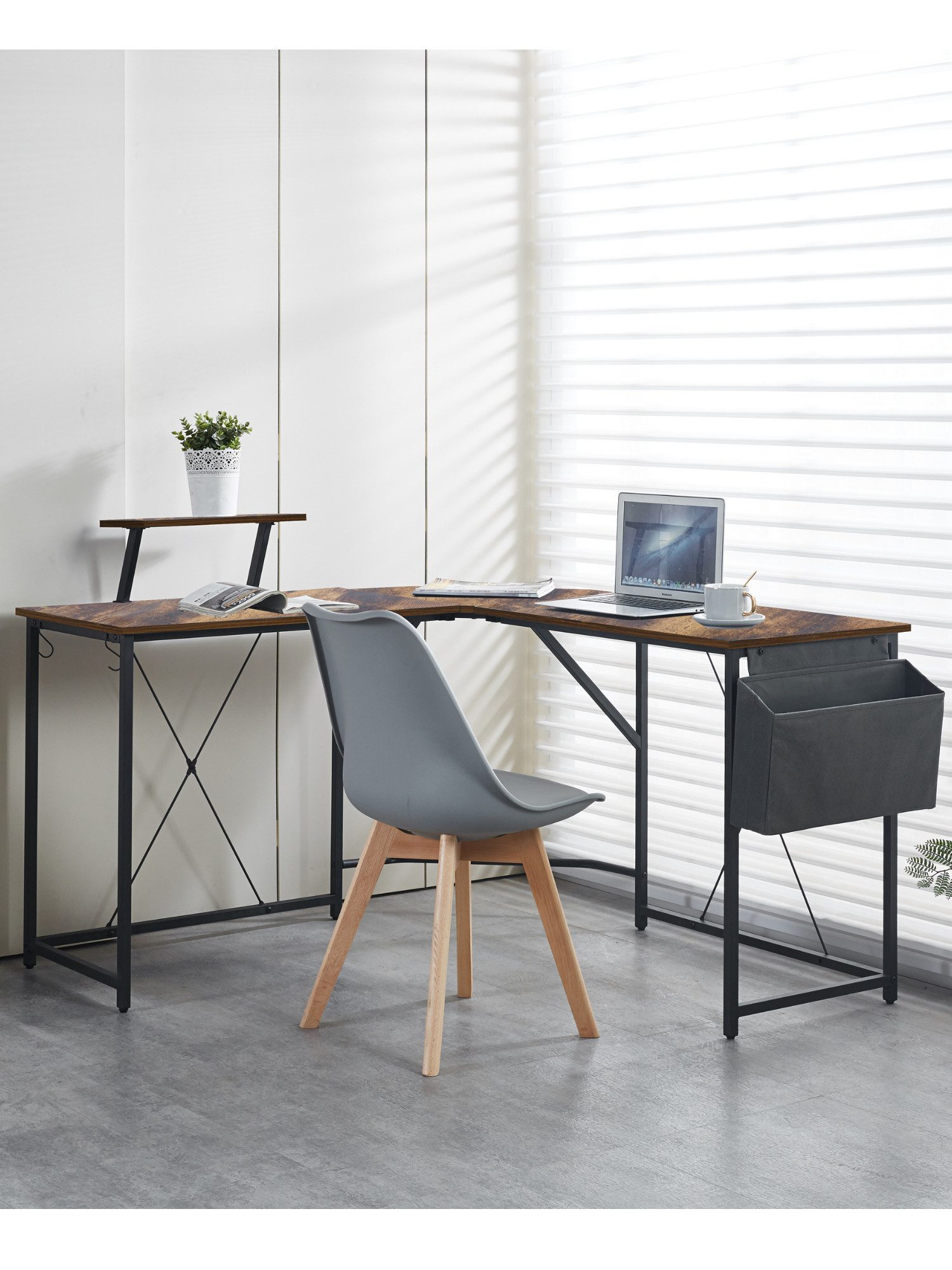 Brise Home Computertisch Großer Computertisch in L-Form mit Aufsatz & Aufbewahrung (Einzelartikel, 1x Tisch, 1x Monitoraufsatz, 1x Stofftasche, 2x Haken, Montagematerial), L-Form, Vintage Holzoptik, Für Homeoffice und Gaming geeignet