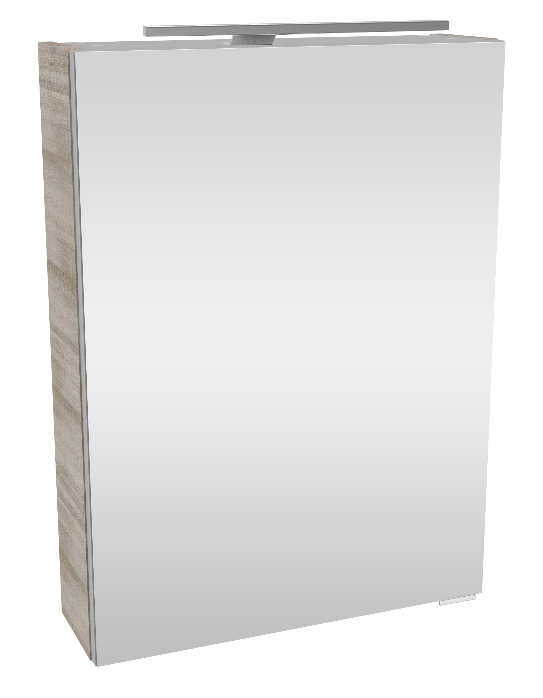 FACKELMANN Spiegelschrank mit Aufsatzleuchte, links 50cm, SBC Graueiche/Grau/Braun Steckdose, (Spiegelschrank Graueiche/Grau/Braun Anschlag Breite Schalter LED-Aufsatzleuchte) | und