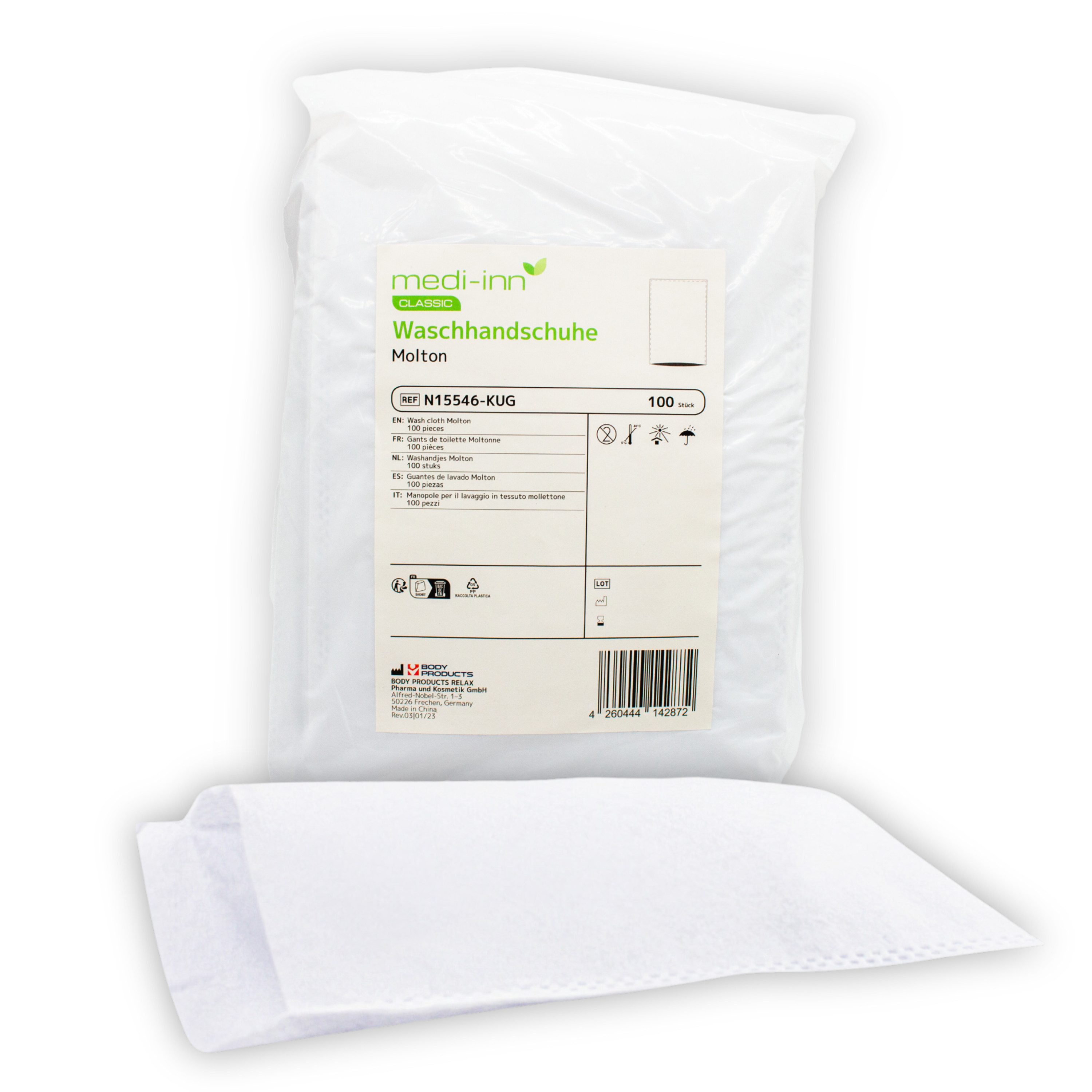 Medi-Inn Waschlappen Einmal-Waschhandschuhe Molton weiß, 100er Pack, 75 g/m², 22 x 15 cm, Vlies (100 % Polyester)