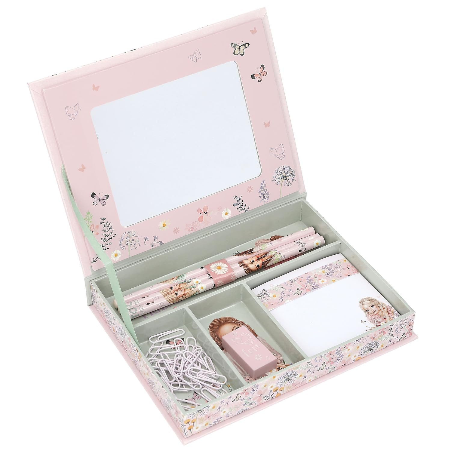 Depesche Malstift Schreibwaren Box Rosa mit Model Motiv und Blumen Muster, Inkl. Papier, Bleistiften, Radiergummi, Lineal uvm.
