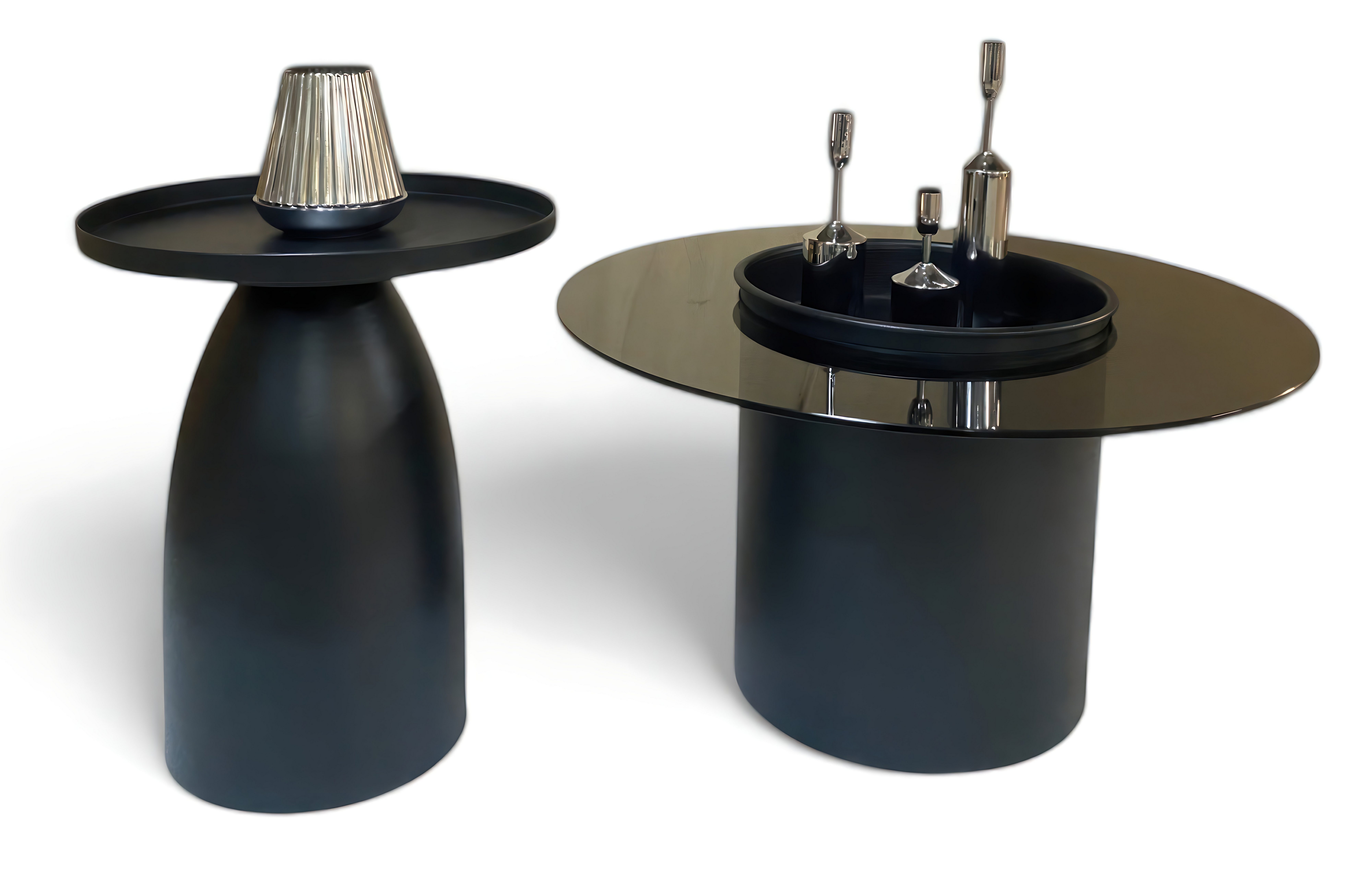 Xlmoebel Beistelltisch XLMOEBEL Beistelltisch in mattem Schwarz mit runder Glasplatte (2-teiliges Set, 1-St., Beistelltisch 1, Beistelltisch 2), Made in Europa