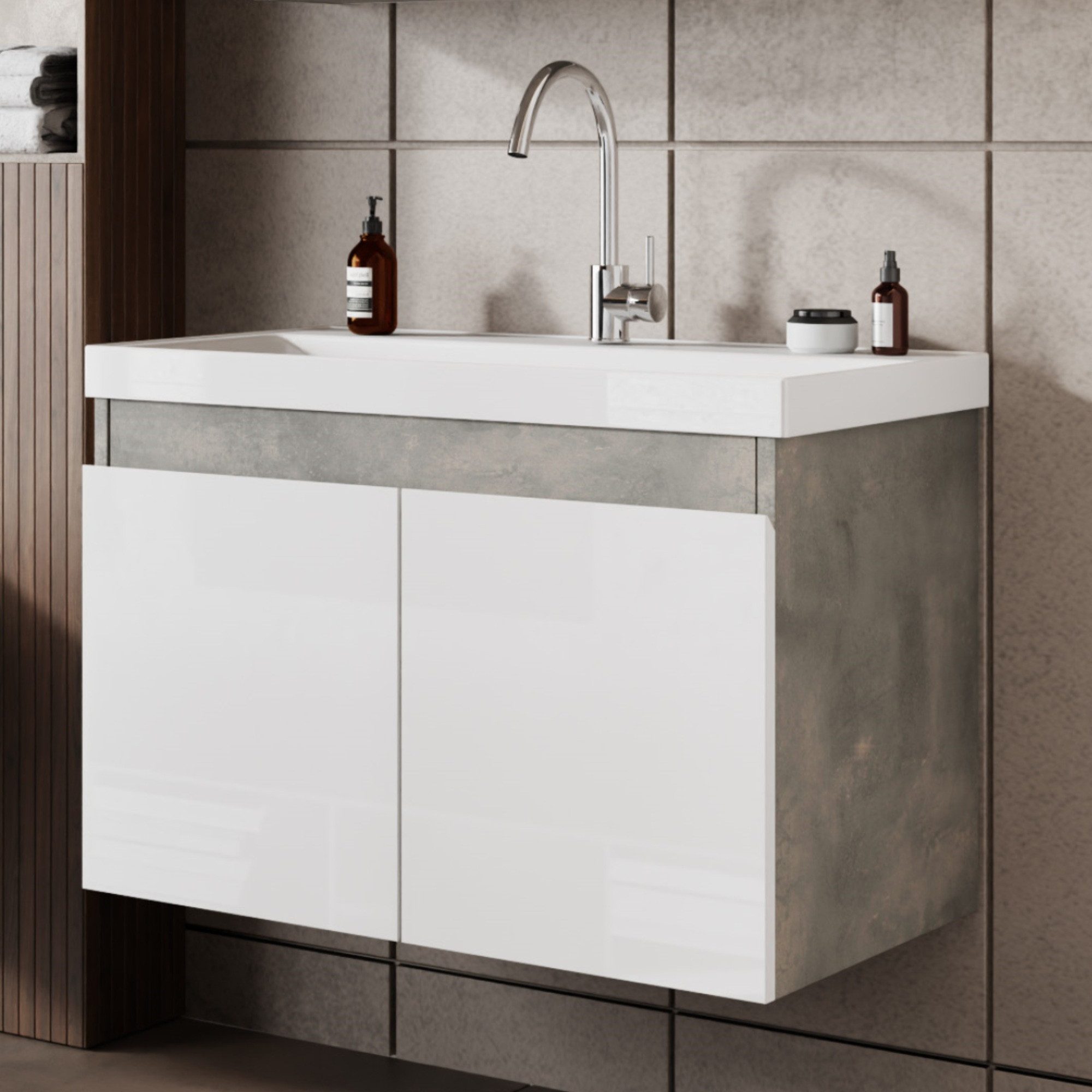 Karen Waschtisch-Set Waschtisch mit Unterschrank Alfa, (Komplett-Set, Standartmäßig 2-Teilig (Unterschrank, Waschbecken), 2-St., Der Lieferumfang umfasst Unterschrank und Waschbecken), Retro-Stil, Front in Weiß, Softclose