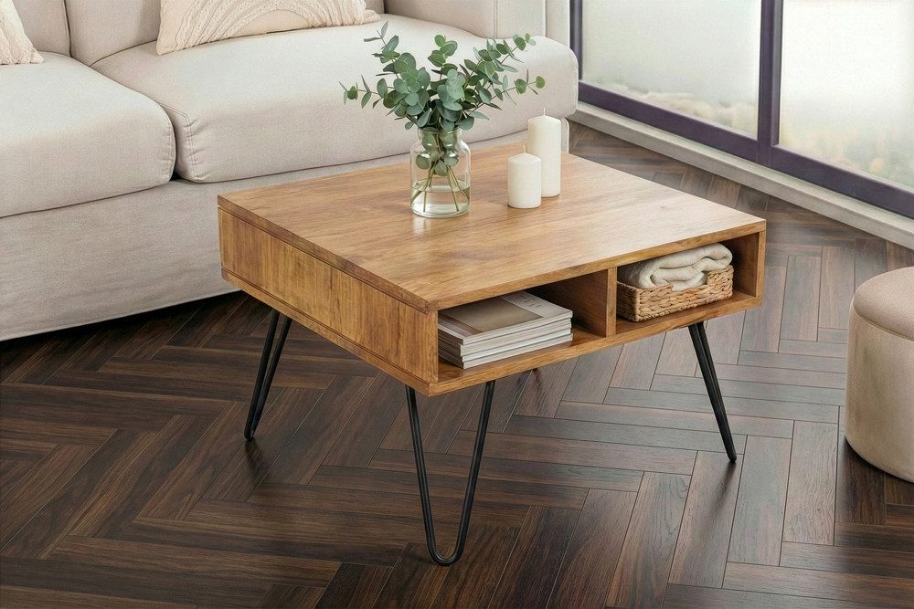 riess-ambiente Couchtisch SCORPION 60cm natur/schwarz - Mangoholz, Massiv, Metall, m. Ablagefach, Eckiger Beistelltisch m. Hairpin Legs - ideal f. Wohnzimmer o. TV-Ecke