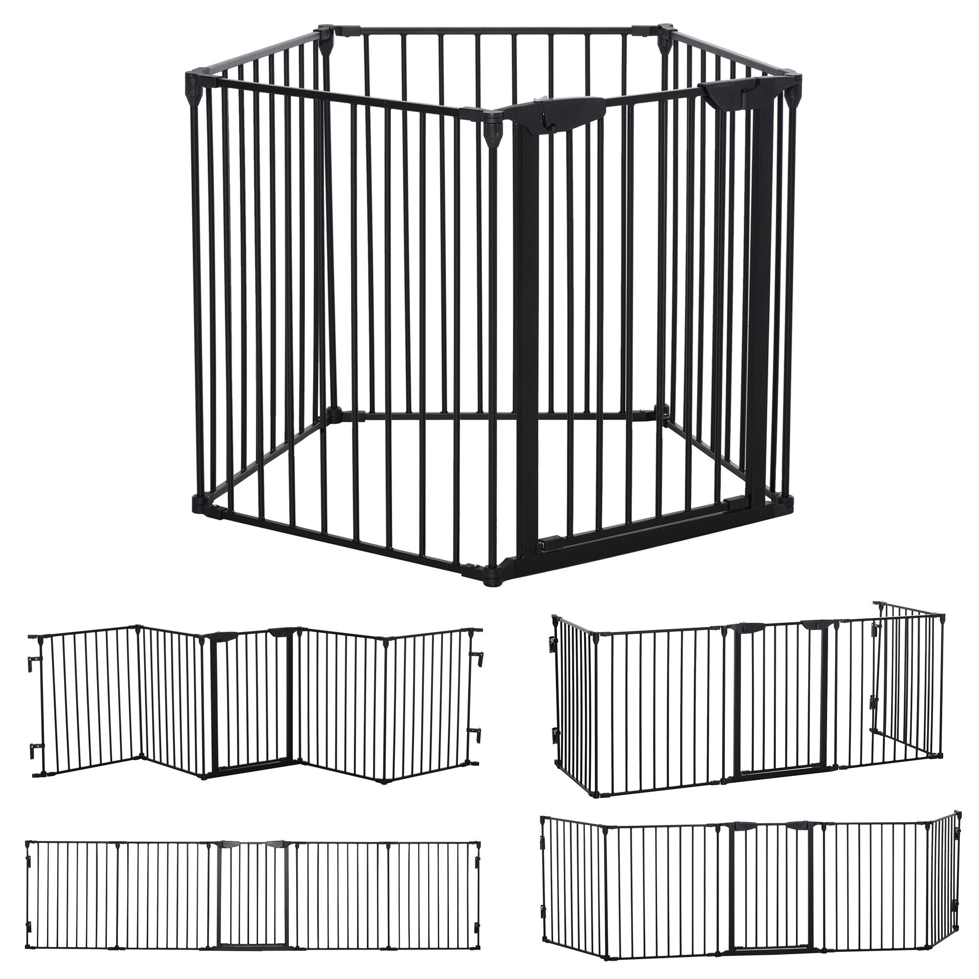 PawHut Freigehege 2 in 1 Welpenauslauf 5-TLG Klappbar Absperrgitter Hund mit Tür, für kleine und mittelgroße Hunde, 300 x 74,5 cm, Metall, Schwarz