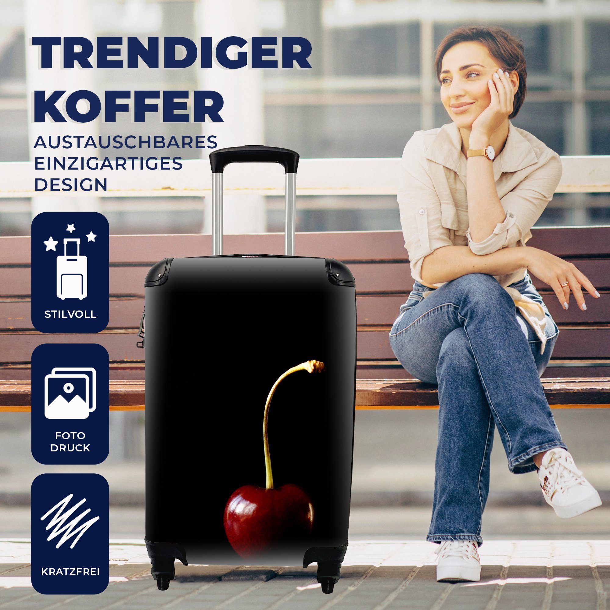 Reisetasche Schwarz, Reisekoffer Kirsche - Ferien, Trolley, für Handgepäck 4 mit rollen, Rollen, Handgepäckkoffer MuchoWow