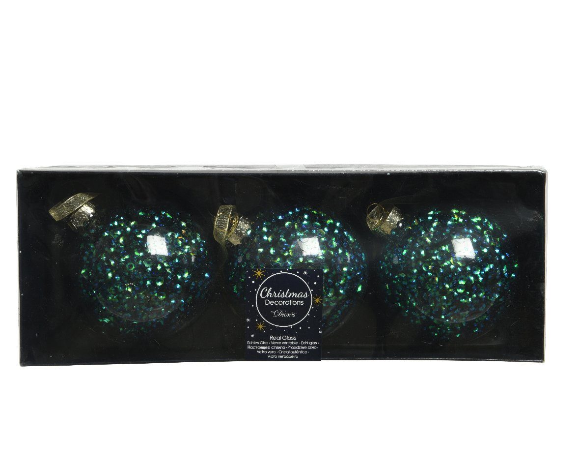 gefüllt 3er mit Pailletten decorations 8cm season petrol Weihnachtsbaumkugel, Set Decoris Glas Weihnachtskugeln