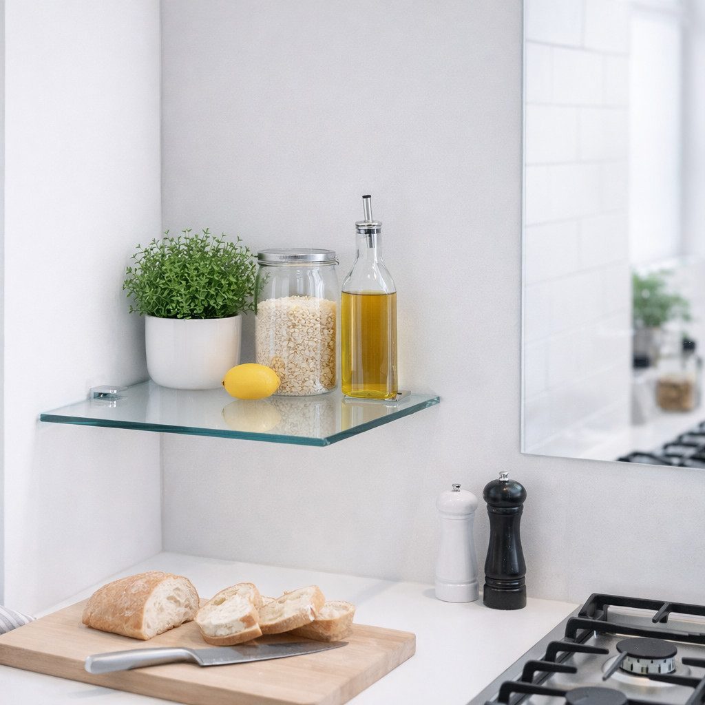 HOOZ Eckregal Glasregal Eckablage ESG – 6 mm, quadratisches Duschregal mit Halterung, Eckregal, Platzsparende Glasablage für Dusche, Bad, Küche oder Wohnraum