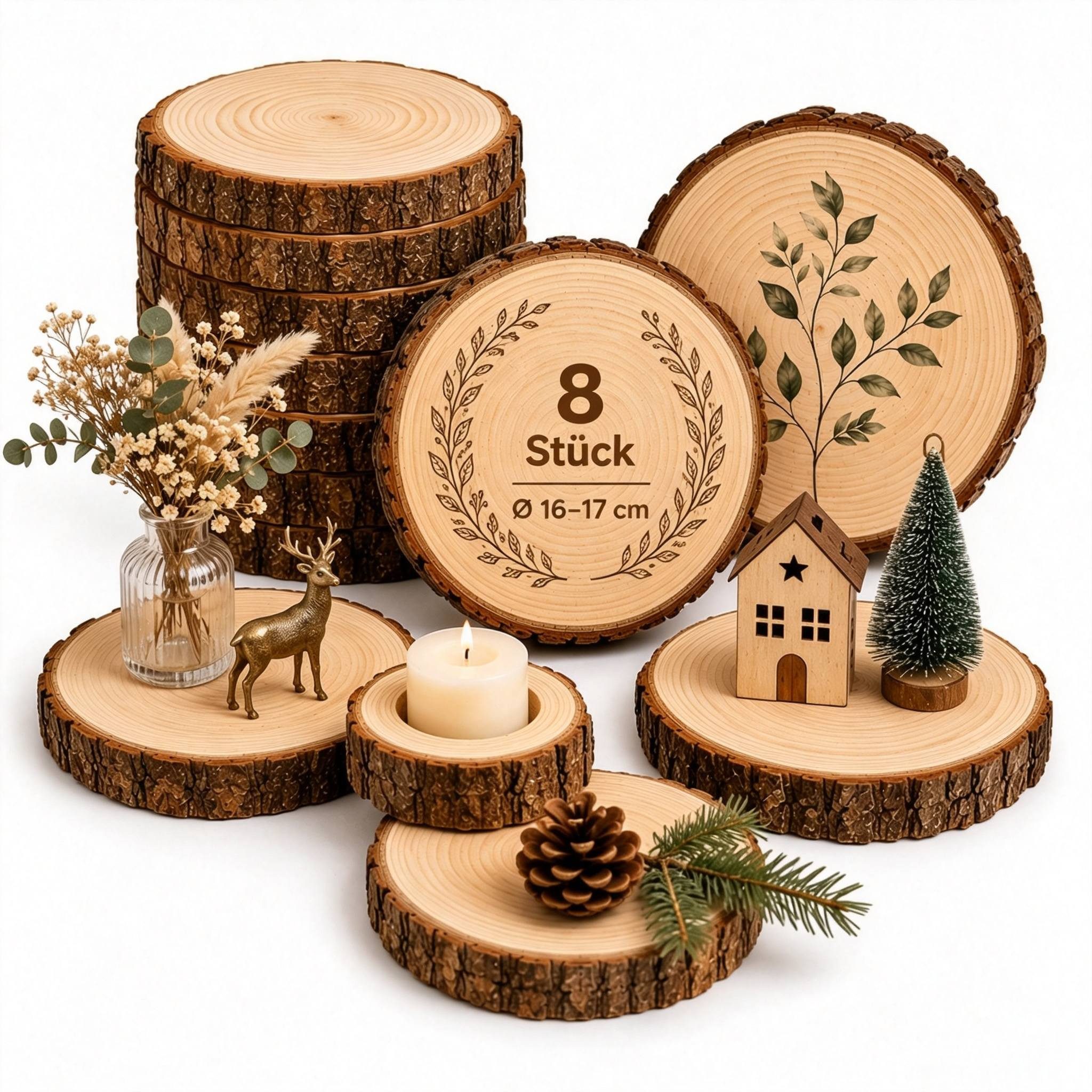lindahandel Rindenscheiben Holzscheiben 16–17 cm, Dicke 15 mm, Kiefer Baumscheiben ungebohrt, (8-tlg), ideal für individuelle DIY Dekorationen,Untersetzer,und Bastelprojekte