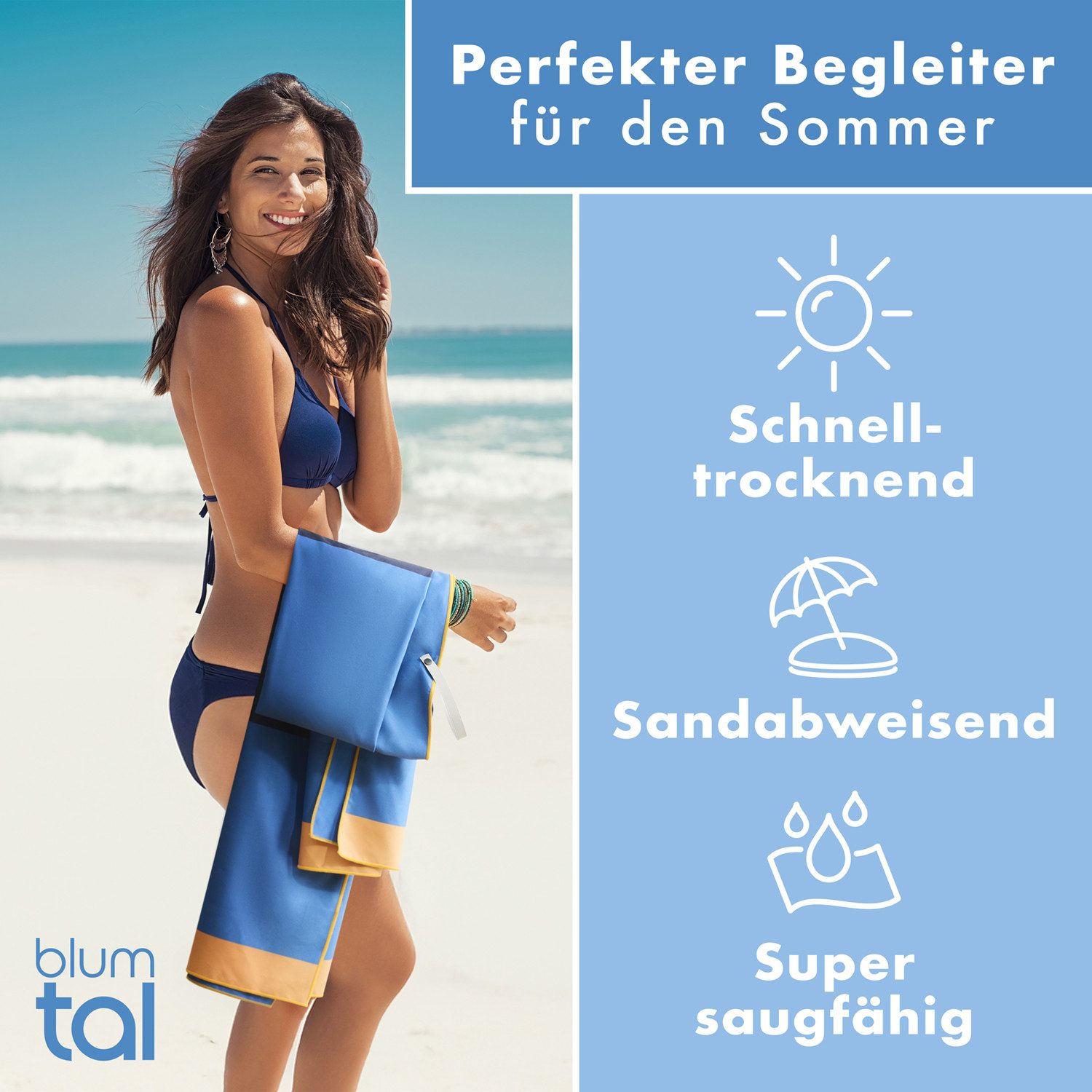 Blumtal Reisehandtuch Strandhandtuch 90x180 cm aus Mikrofaser - kompakt & schnelltrocknend, sandfrei mit Band - Mikrofaser Handtuch groß mit Wellen-Muster – Bild 4 von 5