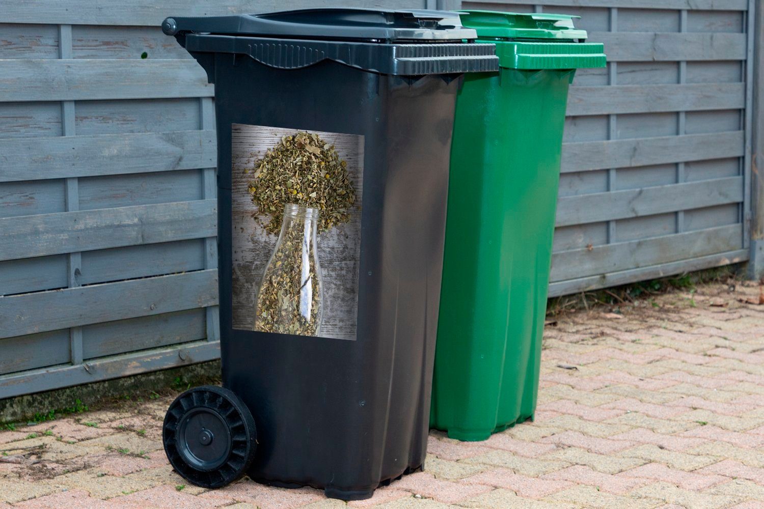 Mülleimer-aufkleber, Abfalbehälter einem MuchoWow Mülltonne, (1 Getrocknete St), in Sticker, Container, Kräuter Glas Wandsticker
