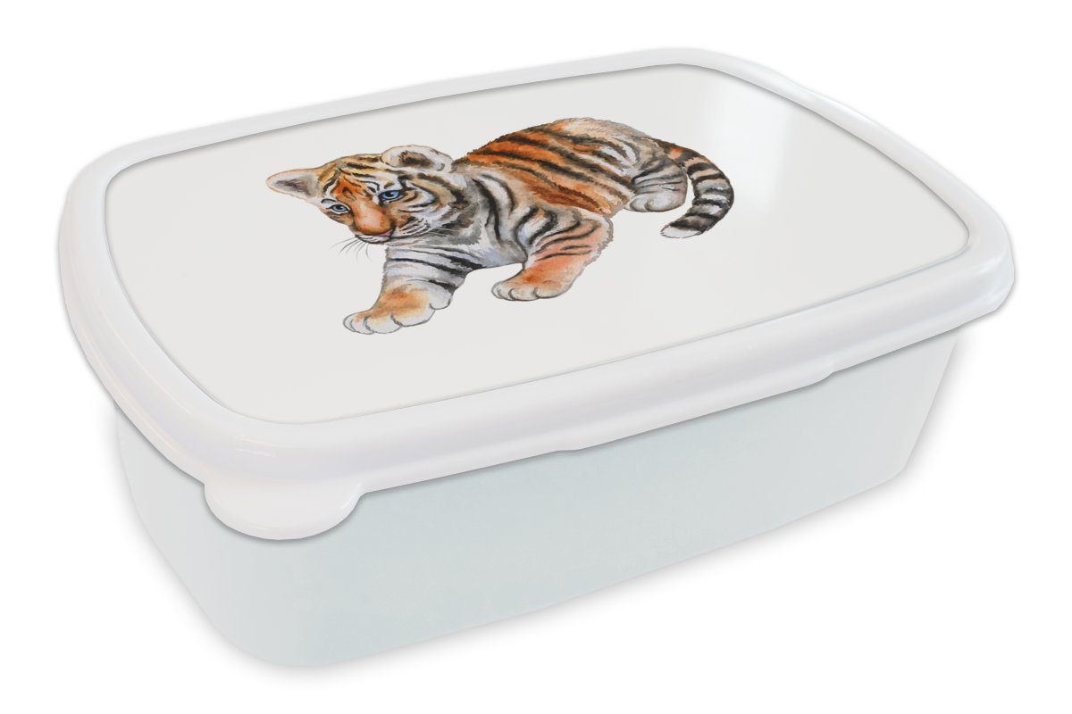 MuchoWow Lunchbox Tiger - Baby - Weiß, Kunststoff, (2-tlg), Brotbox für Kinder und Erwachsene, Brotdose, für Jungs und Mädchen