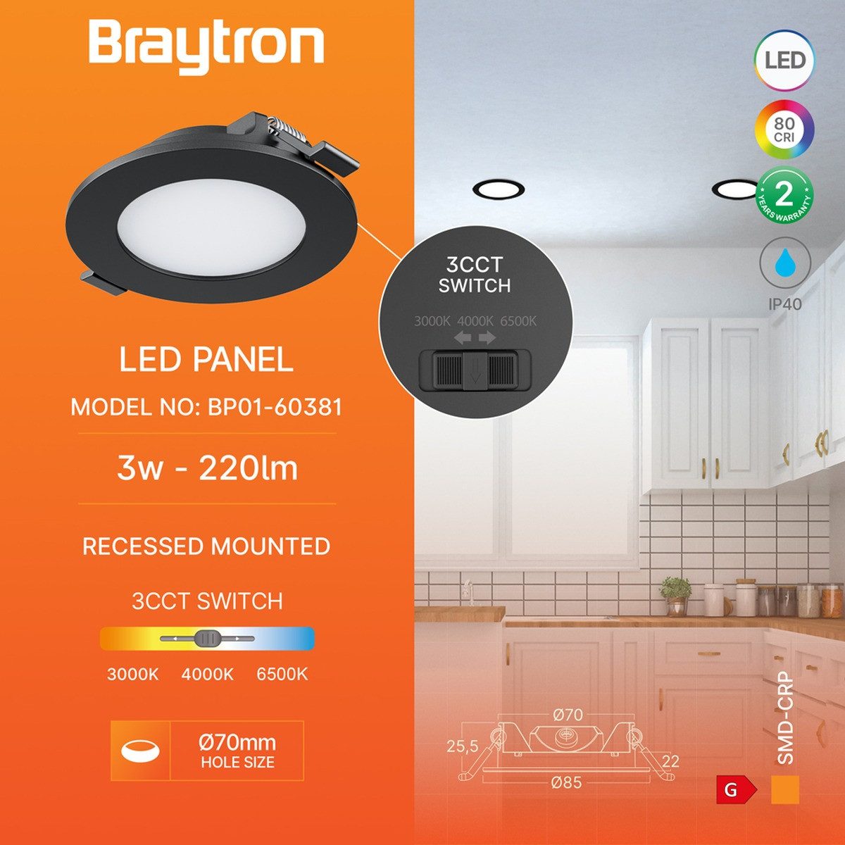 Braytron LED Einbaustrahler 3W LED Panel Einbauspot Einbaustrahler Deckenstrahler Flach I, LED fest integriert, Neutralweiß, Kaltweiß, Warmweiß, Energieeffizient, Flimmerfrei, Schwenkbar, 3CCT