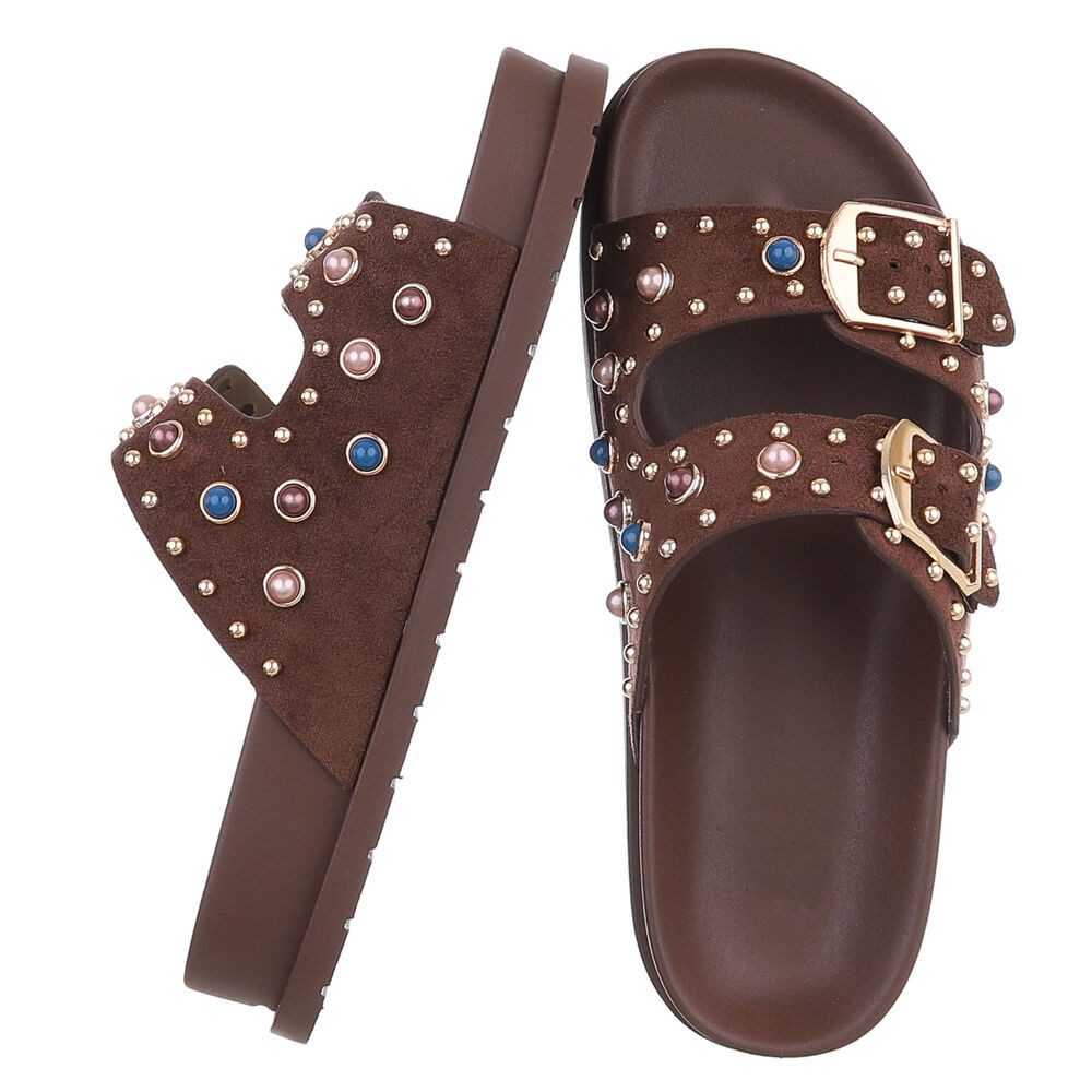 Ital-Design Damen Sandalen mit Schnallen und Zierdetails Pantolette (91849359) Keilabsatz/Wedge Pantoletten in Braun