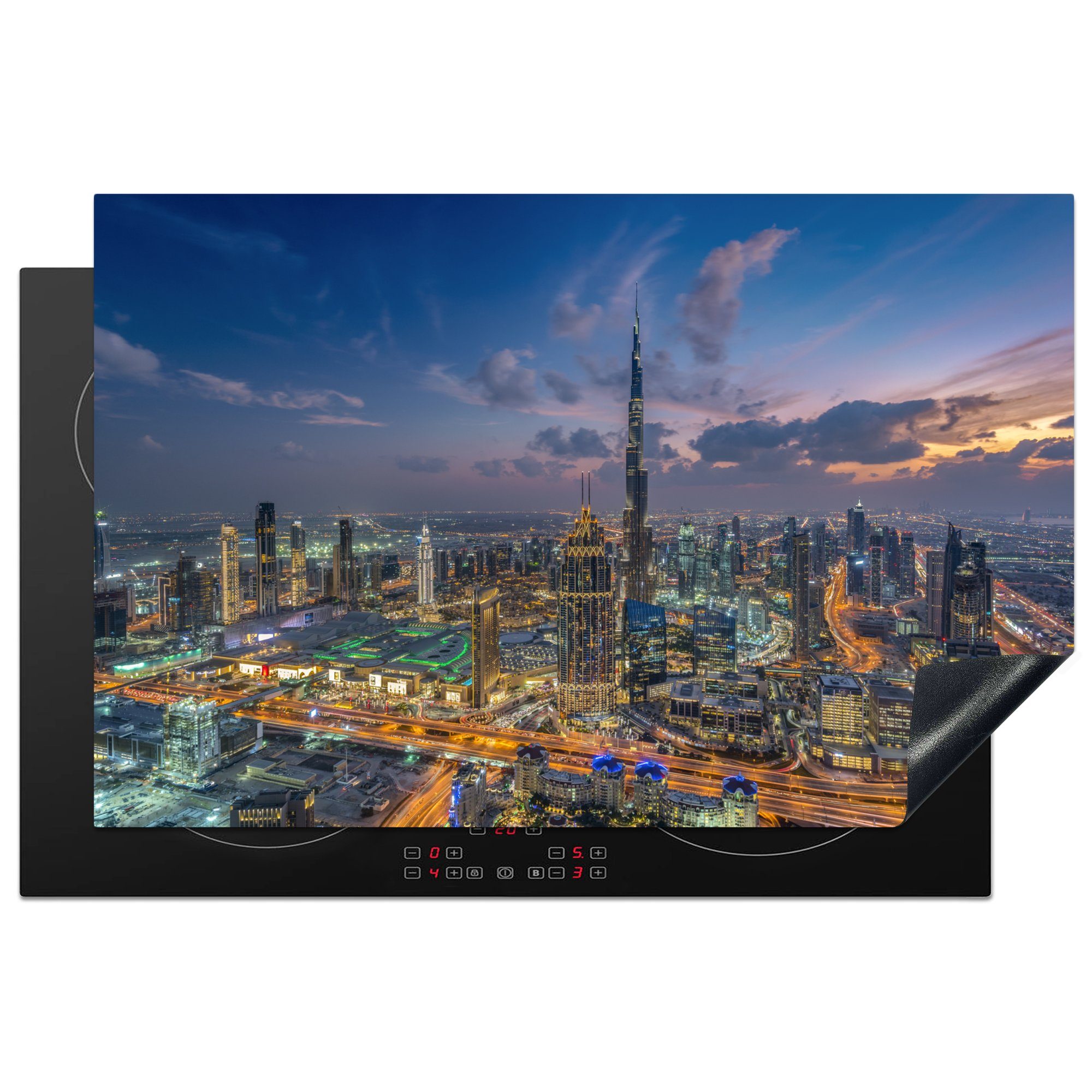 MuchoWow Herdblende-/Abdeckplatte Skyline von Dubai mit Burj Khalifa an einem bewölkten Abend, Vinyl, (1 tlg), 81x52 cm, Induktionskochfeld Schutz für die küche, Ceranfeldabdeckung