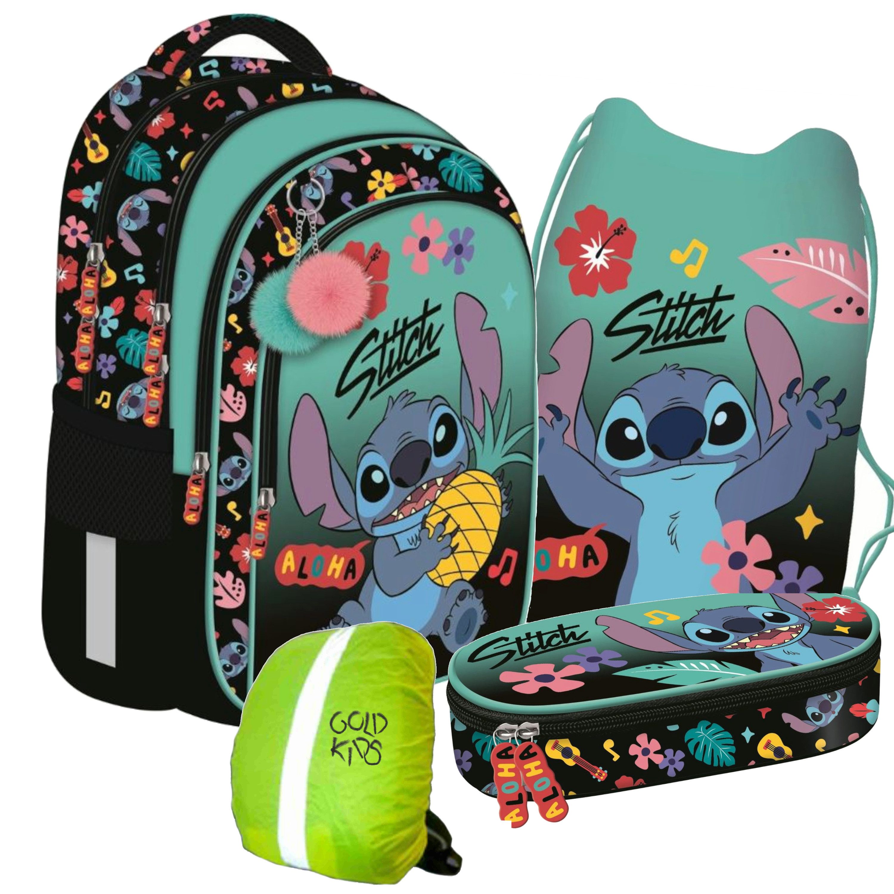 GOLDKIDS Schulranzen für Jungen und Mädchen, 4er-Set - (Schul-Rucksack für Kinder mit Schlampermäppchen-, 1-tlg., Schuhbeutel und Regenschutz), - Stitch Motiv