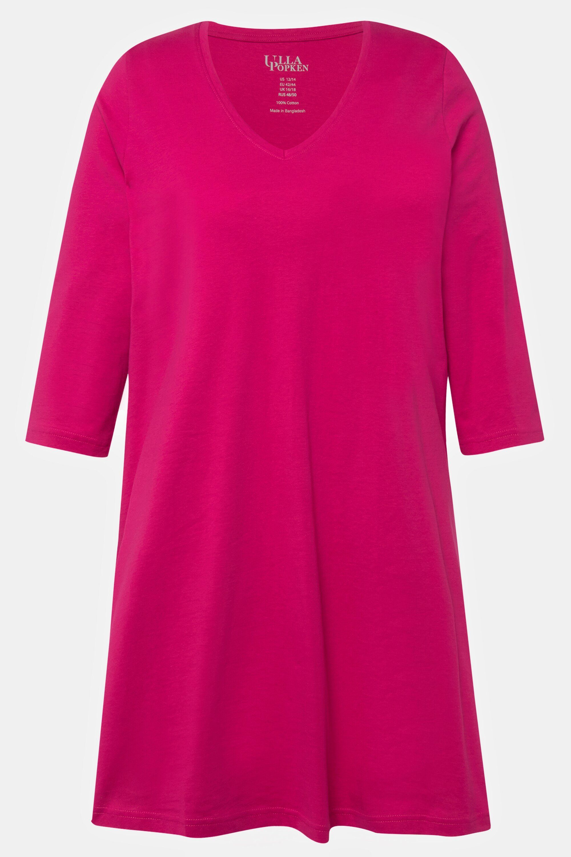 Ulla Popken Longshirt fuchsia 3/4-Arm pink V-Ausschnitt A-Linie Longshirt