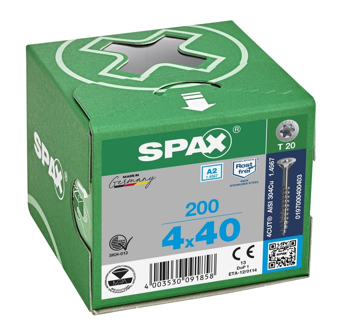 SPAX Spanplattenschraube Edelstahlschraube, (Edelstahl mm 4x40 St), 200 A2,