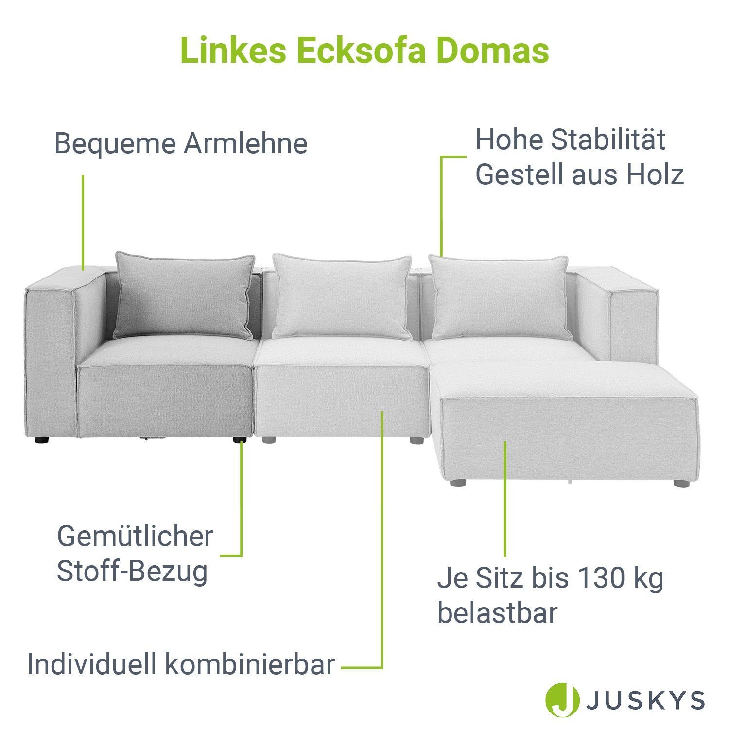 Juskys Sofa Domas, Ecksofa Links mit Armlehne & Kissen, modulares Sofa für Wohnzimmer