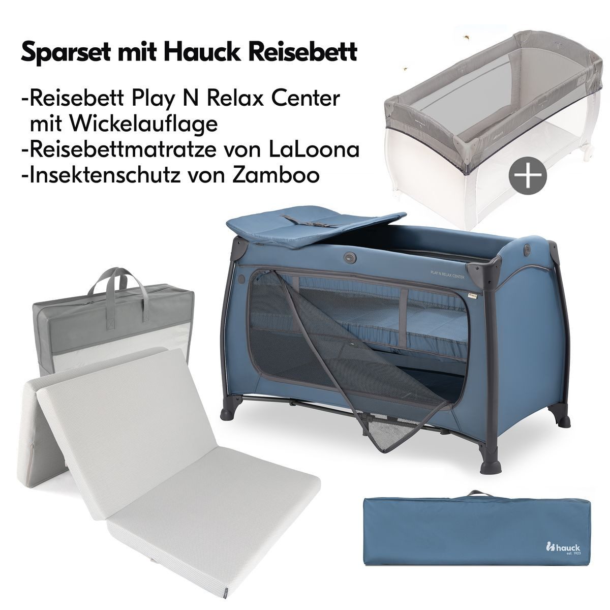 Hauck Baby-Reisebett Play N Relax Center Set - Dark Blue, Babyreisebett mit Matratze, Insektenschutz, Wickelauflage & Einhang