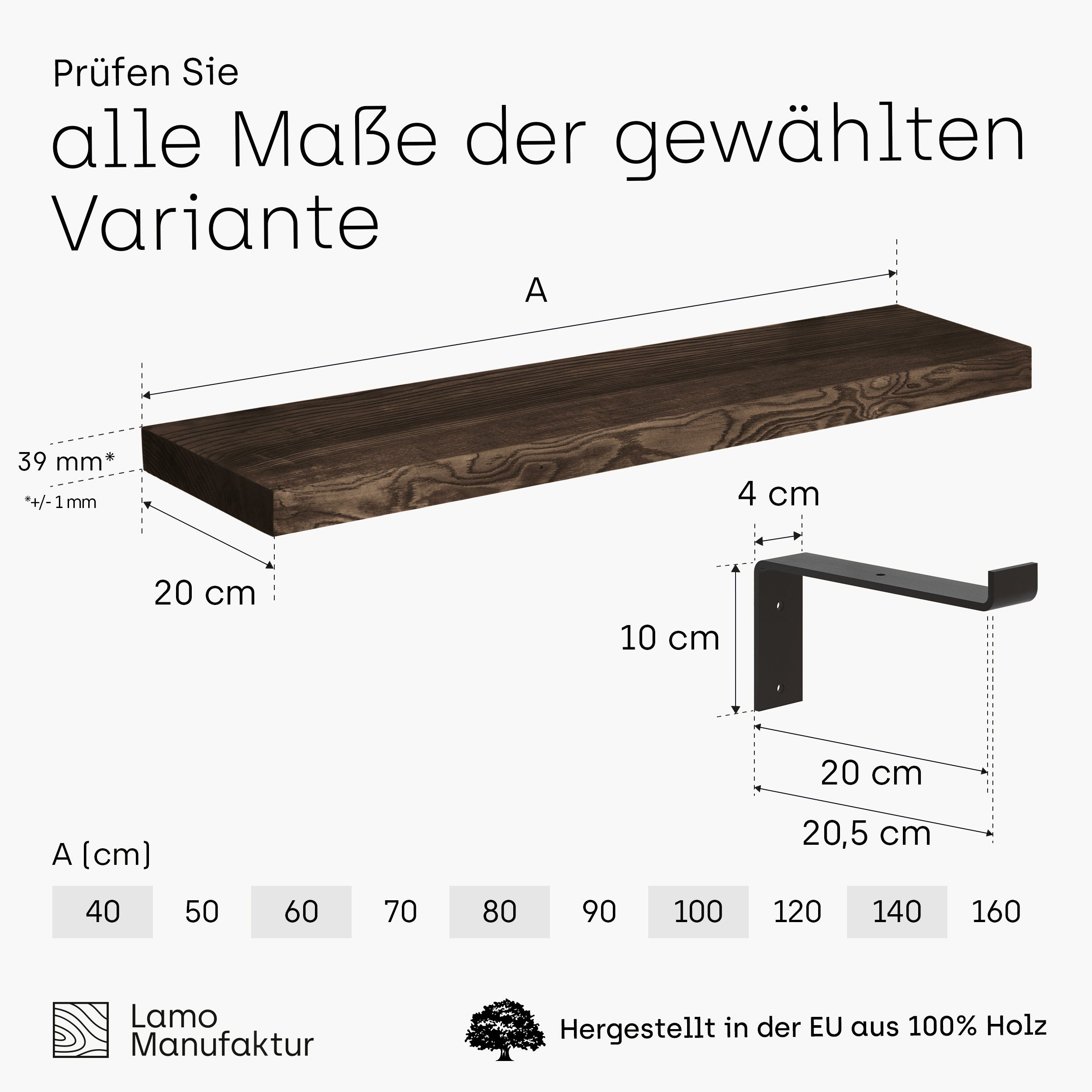 Massivholzplatte Komplett-Set, LAMO Schwarz stake Manufaktur 40mm Original, Wandregal