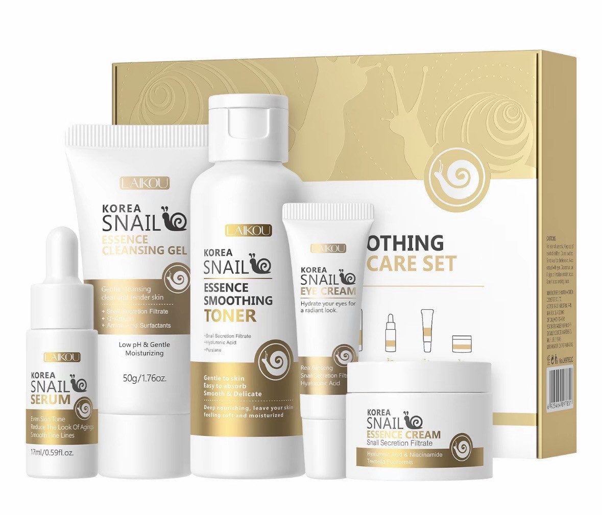LAIKOU Gesichtspflege-Set Korea Snail Essence Soothing – Intensive Pflege mit Schneckenextrakt, 1-tlg., Komplettes 5-teiliges Hautpflegeset für die tägliche Gesichtspflege