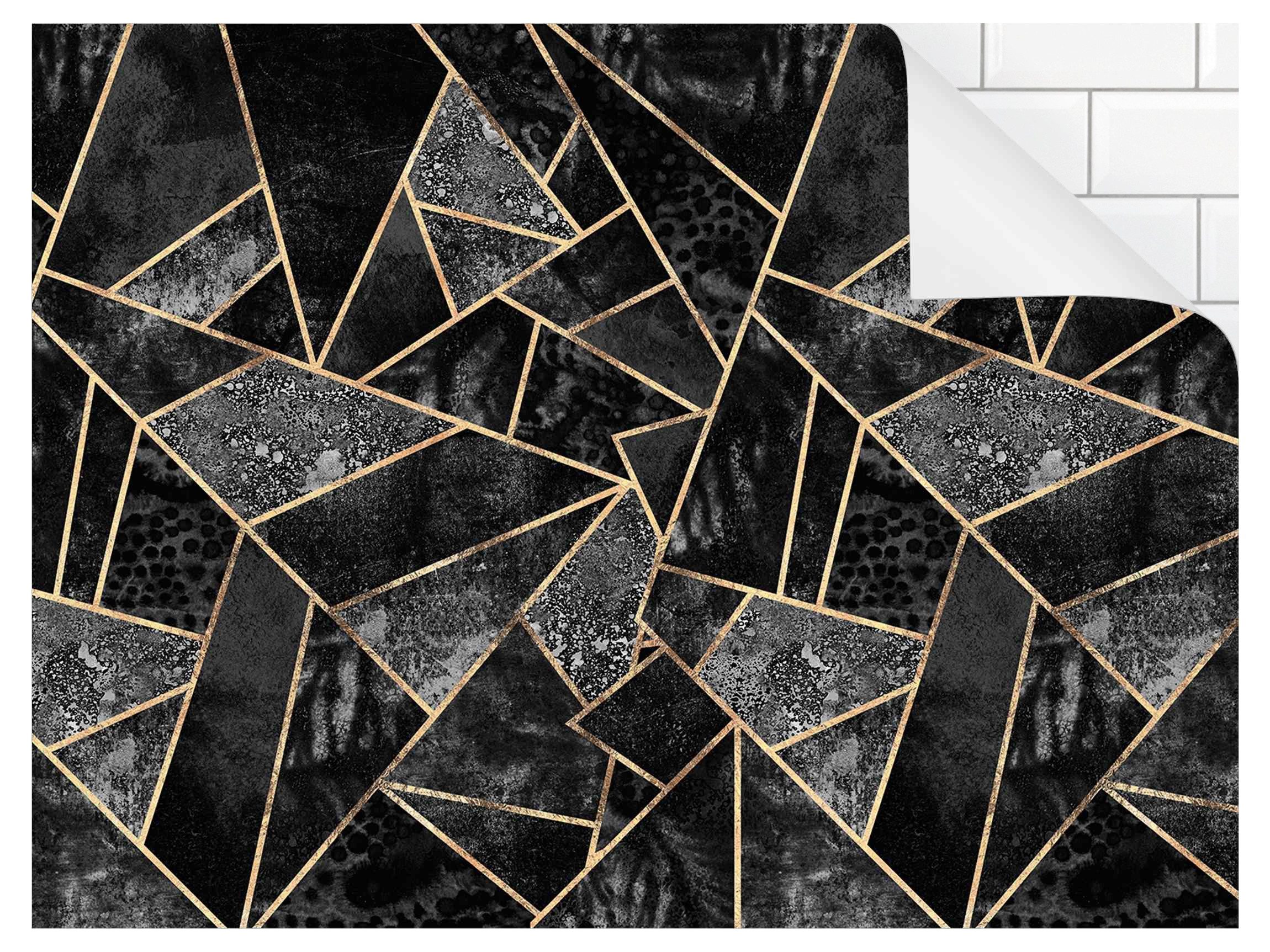 Bilderdepot24 Badrückwand schwarz fugenlose Wandverkleidung Bad Abstrakt, (Hartfolie matt » Selbstklebend SMART 0,35 mm), wasserfestes Wandpaneel Graue Dreiecke Gold II