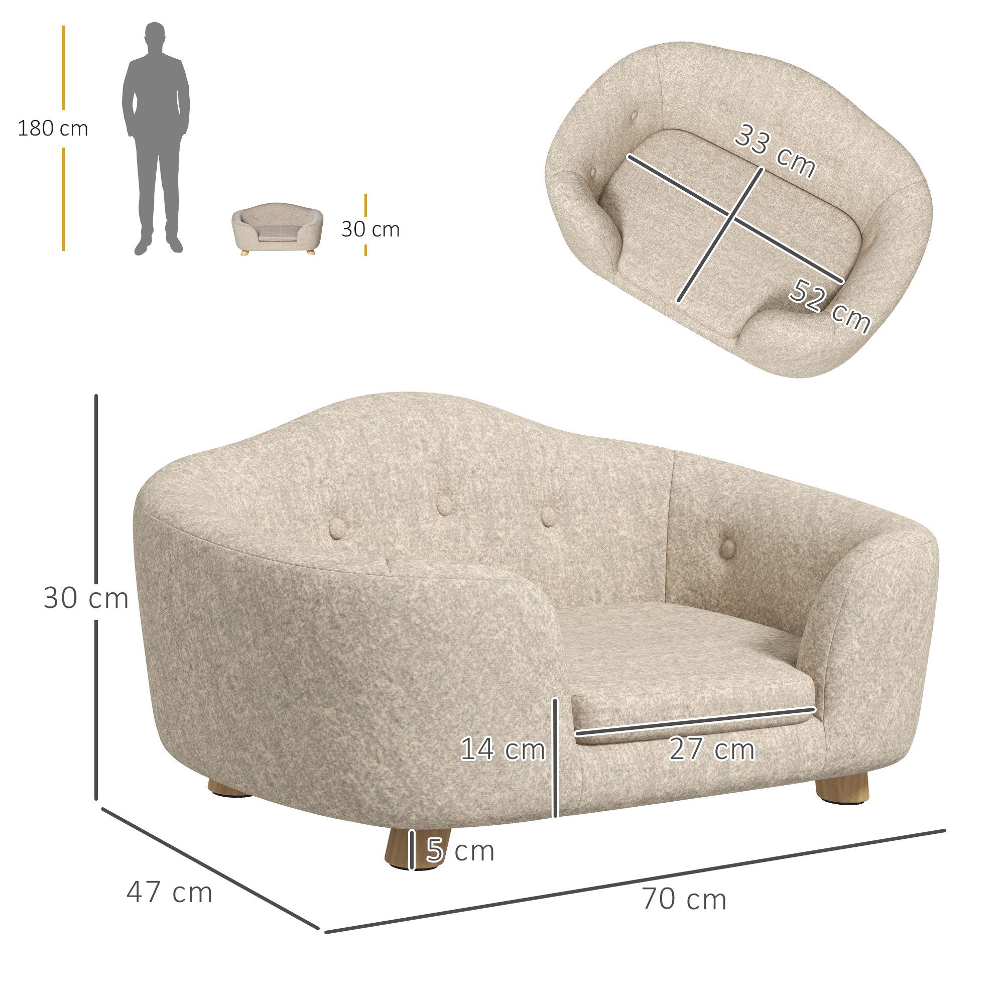 PawHut Tierbett Haustiersofa Hundematte mit Kissen Rückentasche, Plüsch, Cremeweiß 70 x 47 x 30 cm