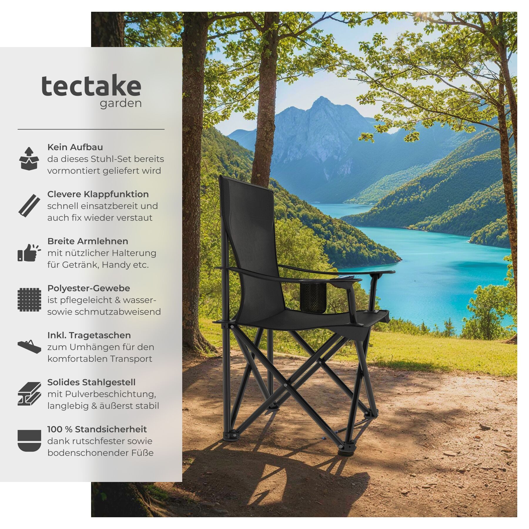 tectake Campingstuhl Gartenstuhl faltbar, mit Getränkehalter, 80 x 48 x 84,5 cm (Outdoor Klapptstuhl Gil für Außen in Schwarz, 4 St), geringes Gewicht, inkl. Tragetasche