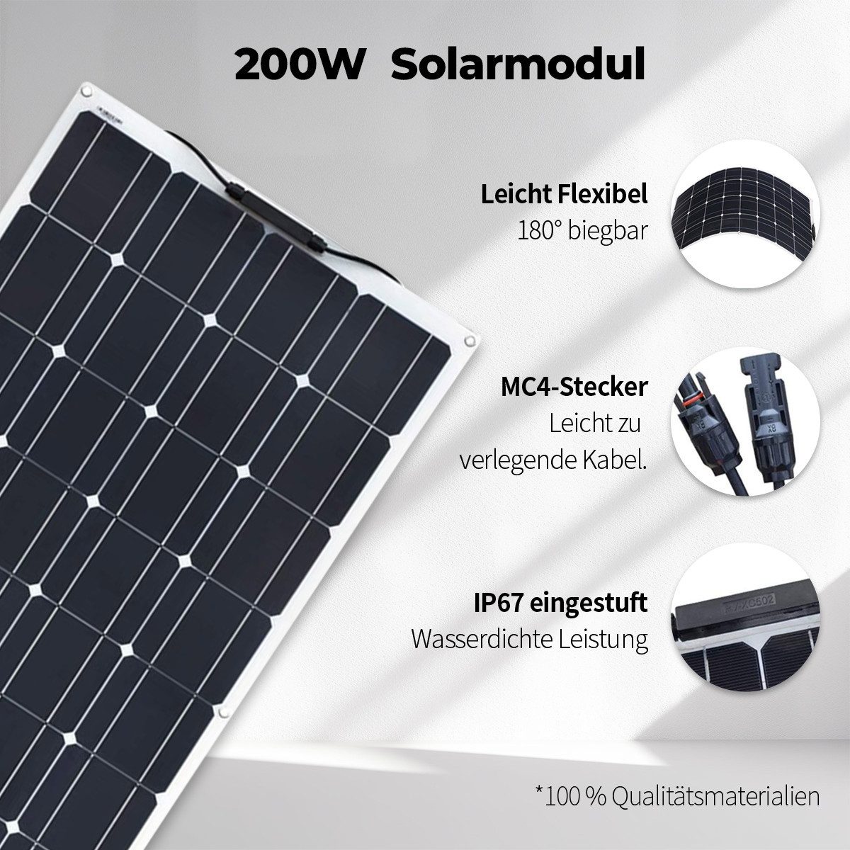 GLIESE Balkonkraftwerk 200W Solarpanel für Wohnmobile, Camping, Balkonkraftwerk, 200 W, Monokristalline, (packung, 1-St., Flexible Solarmodul), Erweiterbar durc – Bild 4 von 5