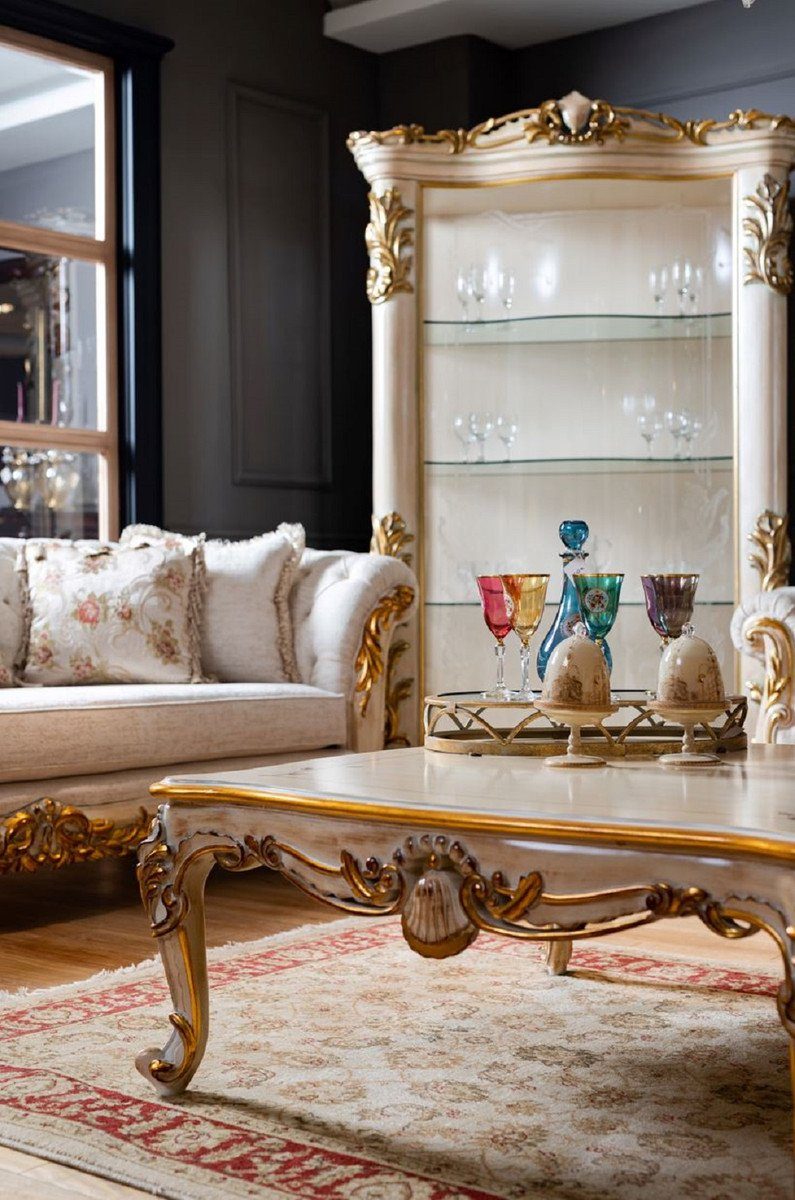 / Couchtisch Couchtisch Barock / Padrino Möbel - Handgefertigter Beige Gold Weiß Barock Luxus Casa Wohnzimmertisch Massivholz -